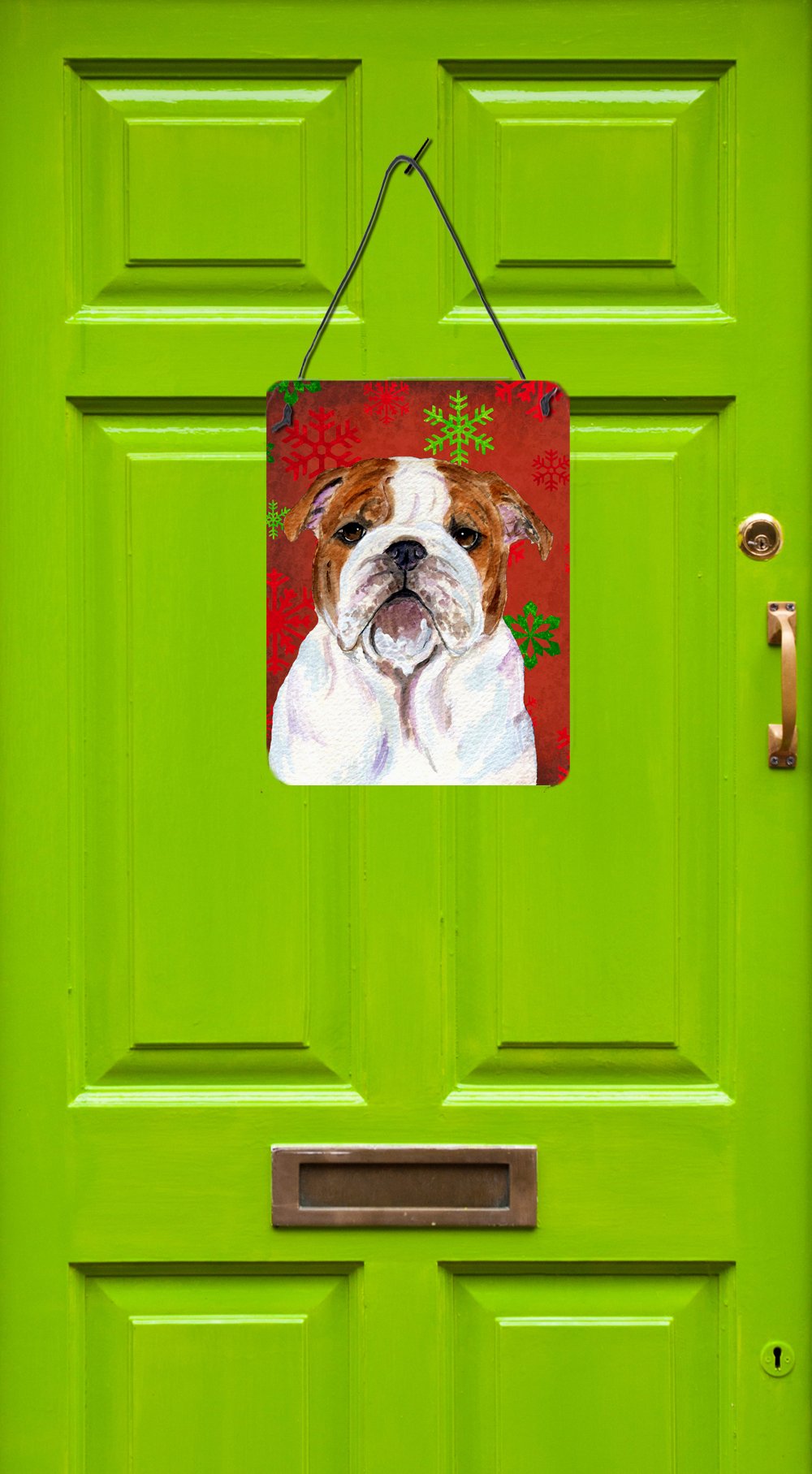 Caroline's Treasures Bulldog English Red and Green Snowflakes Holiday Christmas Metal Wall Decor - Aluminum Sign for Kitchen, Bar, Bathroom, Front Door - Perfect for Festive Home & Office Decor