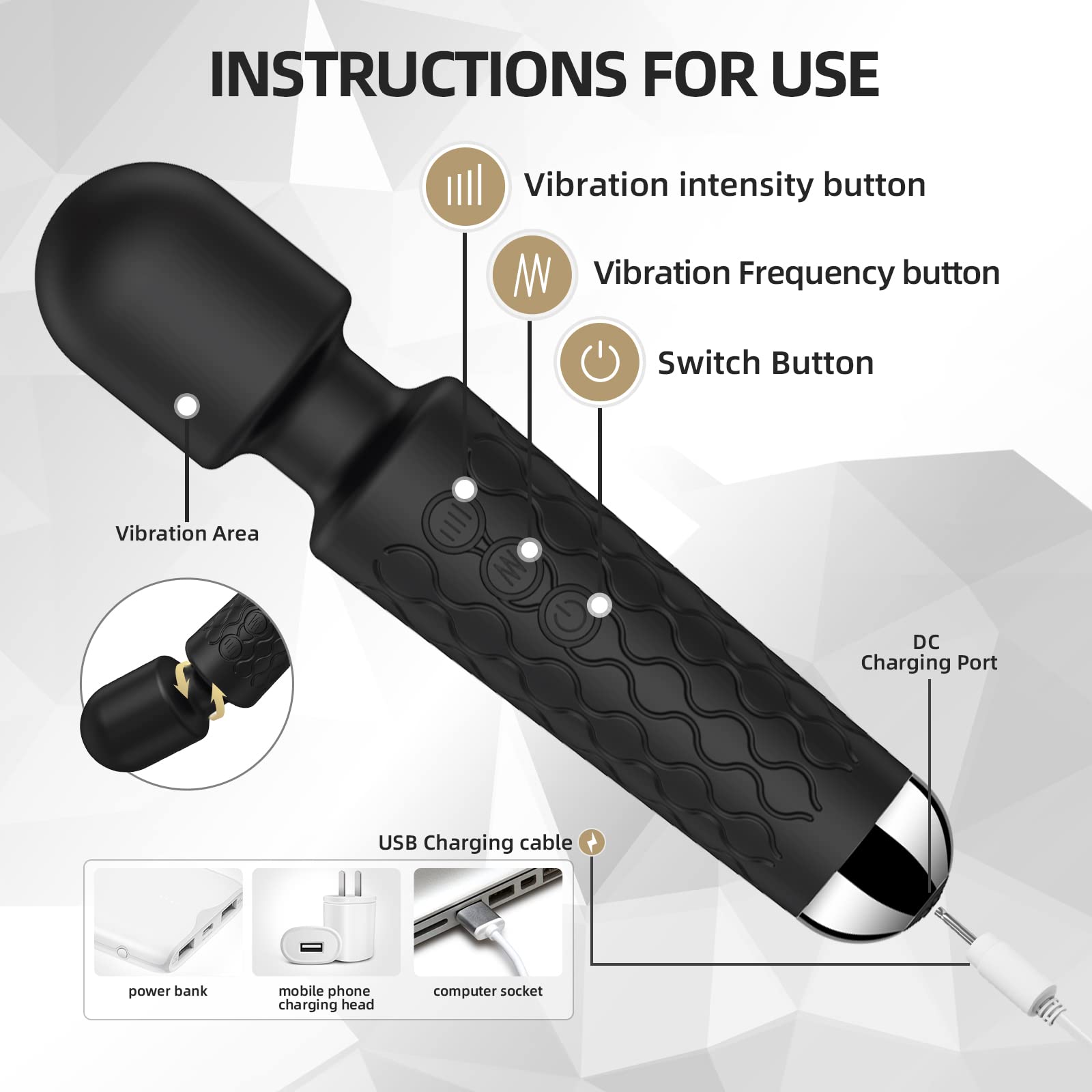 Premium Rechargeable Waterproof Clitoral Vibrator - 20 Vibration Modes & 8 Speed Settings, Ultra Quiet Wand Massager for Women's Sexual Pleasure - Perfect for Solo Play, Couples Intimacy & Sensual Exploration (Black)
