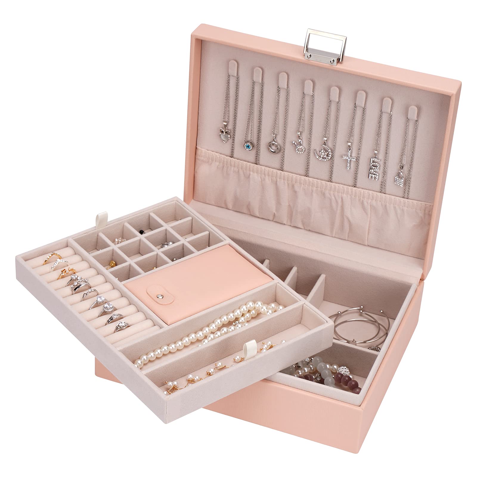 Large Travel Jewelry Organizer Box - Portable Jewelry Storage Case for Earrings, Rings & Necklaces | Pink Jewelry Box for Women | Perfect for Travel, Home & Gift Giving