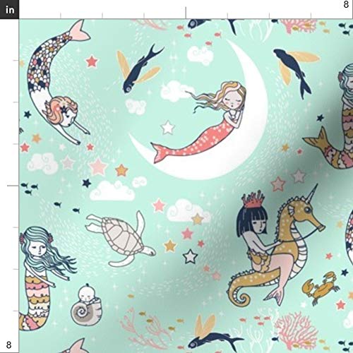 Mermaid Lullaby Mint Navy Coral Gold Printed Minky Fabric Fat Quarter - Soft Plush Fabric for Baby Blankets, Quilt Backing & Sewing Projects - Underwater Theme Nursery Decor