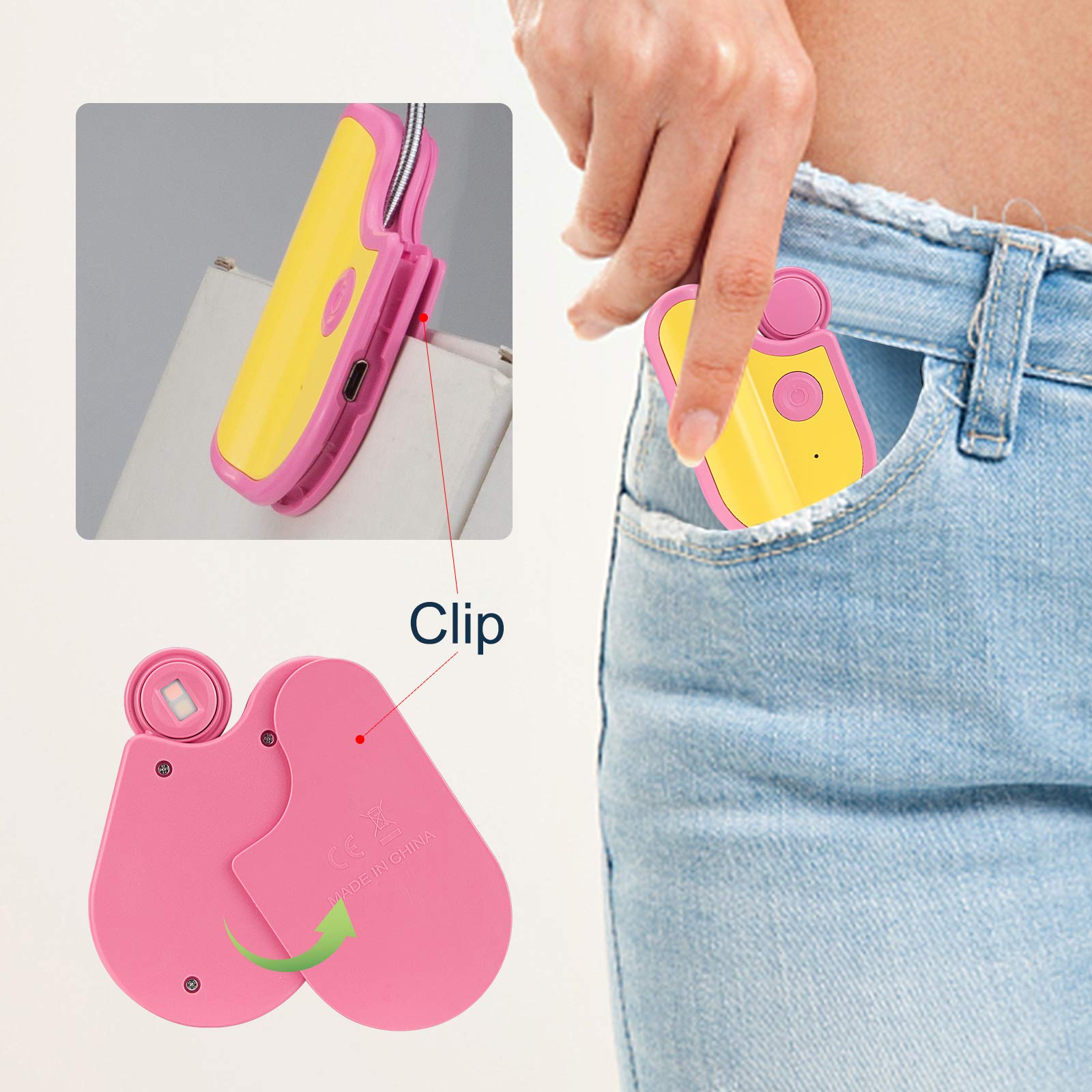 BIGMONAT Rechargeable Clip On Book Light for Kids - Portable LED Reading Lamp with 360° Rotatable Neck, 3 Color Modes & Dimmable Brightness - Perfect for Bedtime Reading, Studying, and Nighttime Use (Pink)