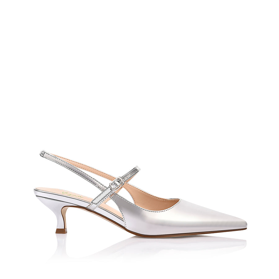 Luce Slingback Kitten Heels - Silver Mirror Women's Dress Shoes for Work, Party & Special Occasions