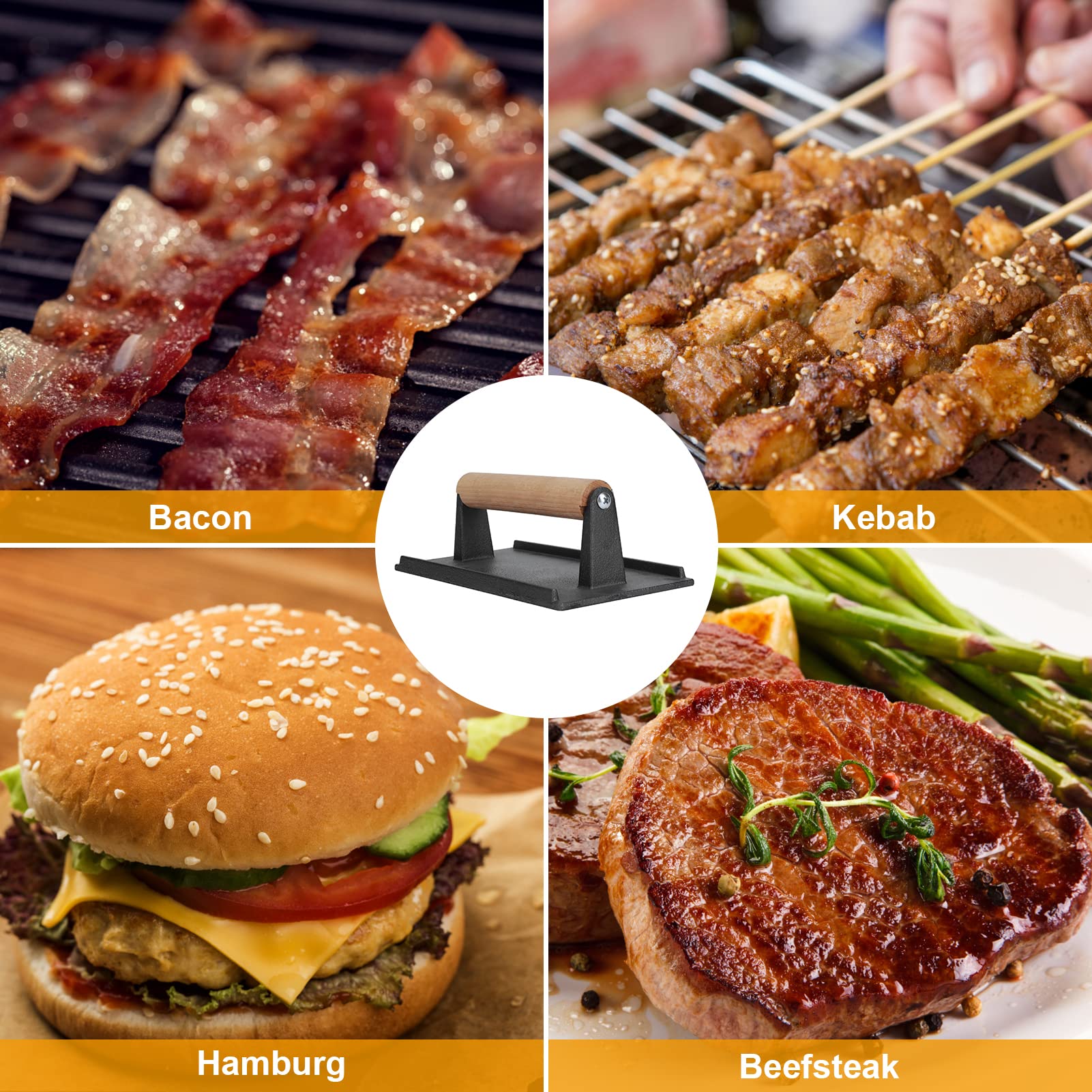 Heavy Duty Cast Iron Grill Press with Wooden Handle - Perfect for Steak, Burger & Bacon - BBQ Griddle Weight for Grills, Griddles & Flattops - Ideal for Backyard BBQs, Camping & Outdoor Cooking