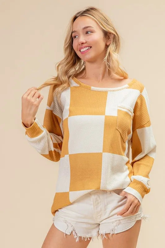 BiBi Checker Printed Hacci Knit Top with Front Pocket - Stylish Casual Wear for Women | Perfect for Everyday Outfits, Office & Weekend Outings