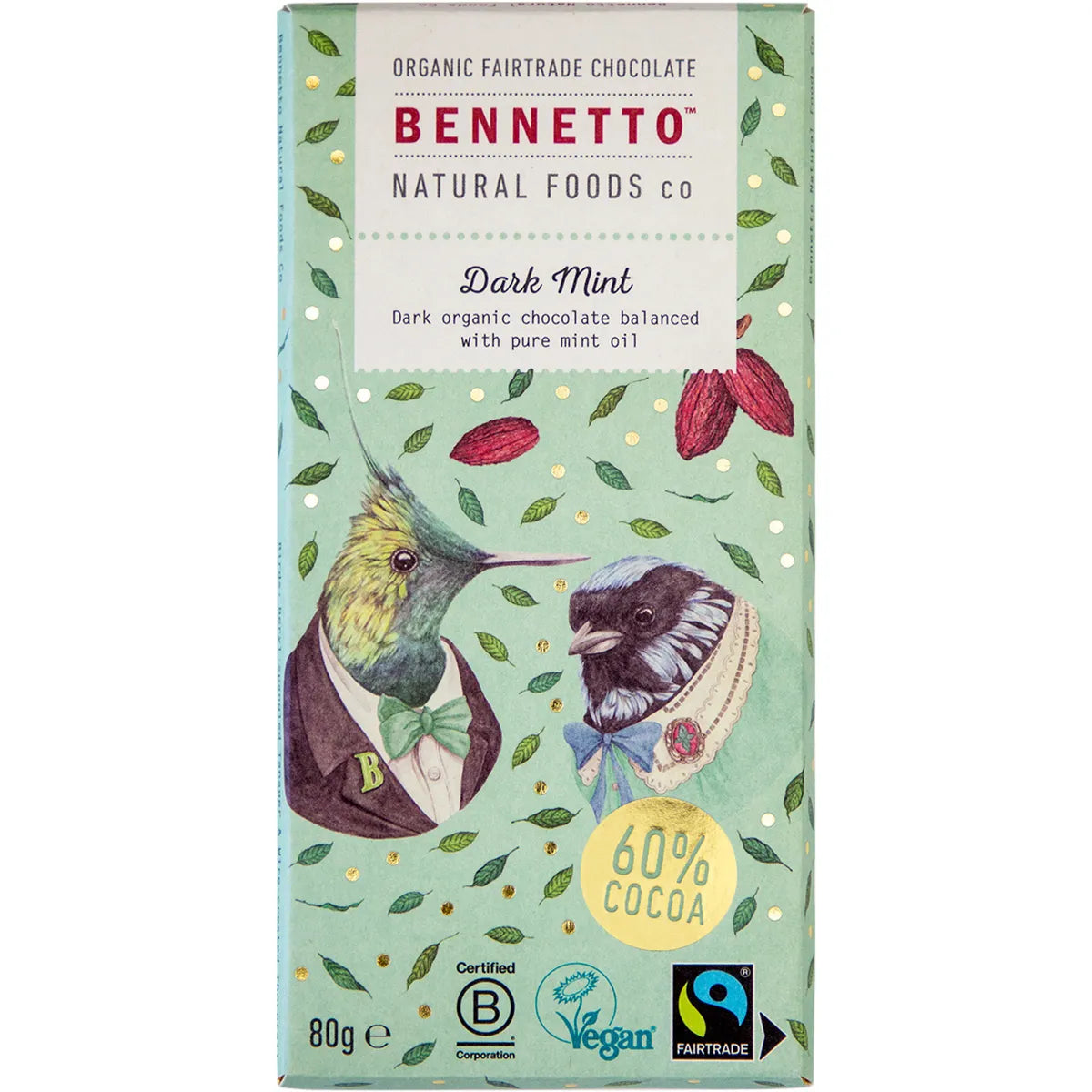 Bennetto Organic Dark Chocolate Bar 80g with Mint & Cocoa Nibs - Vegan, Fair Trade, Gluten-Free Snack for Gifts, Desserts & Healthy Treats