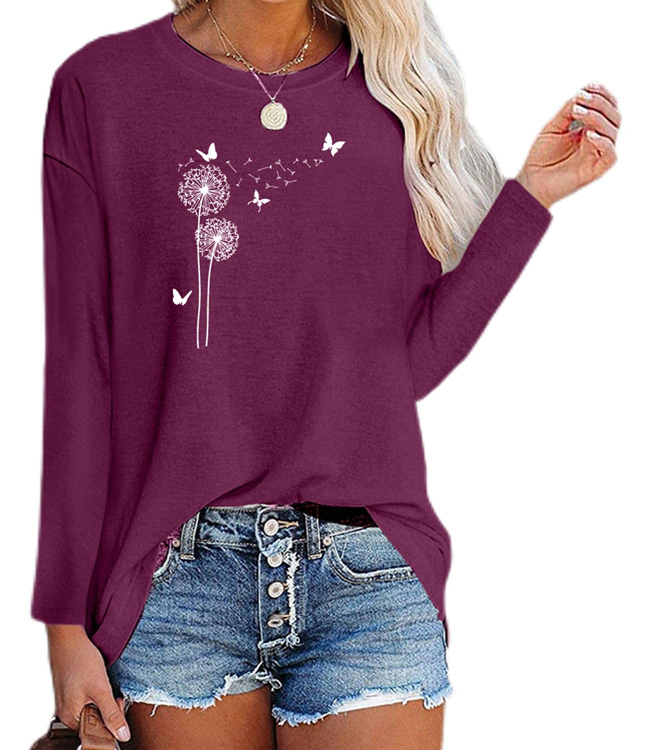 Women's Floral Graphic T-Shirt - Long Sleeve Cotton Tunic Top for Fall | Casual Outfit, Layering Essential & Autumn Fashion Staple
