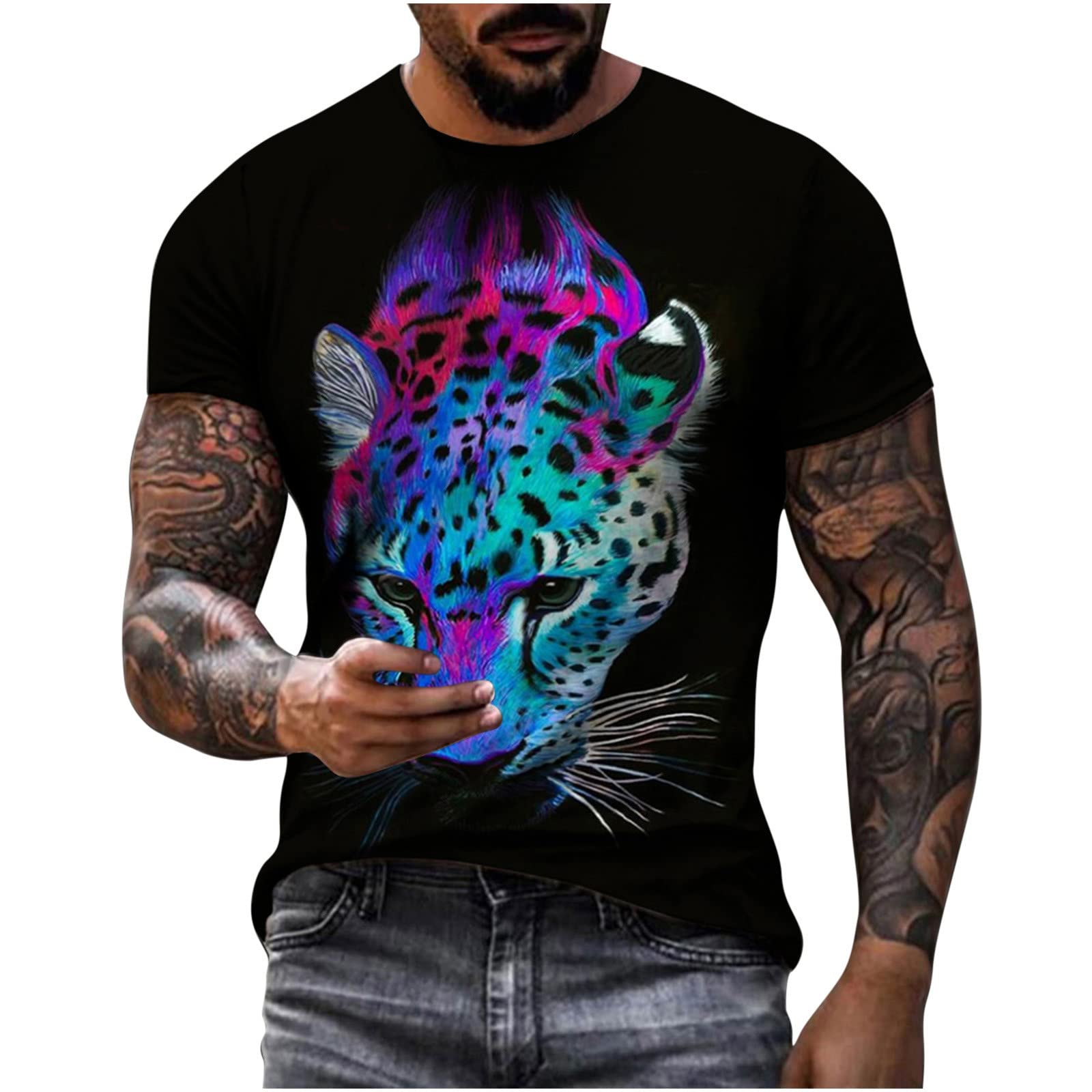 Men's Casual Short Sleeve T-Shirts - Colorful Nature & Cool Animal Graphic Tees for Summer | Retro 3D Print Crewneck Shirt | Perfect for Outdoor Activities, Beach Trips & Casual Wear