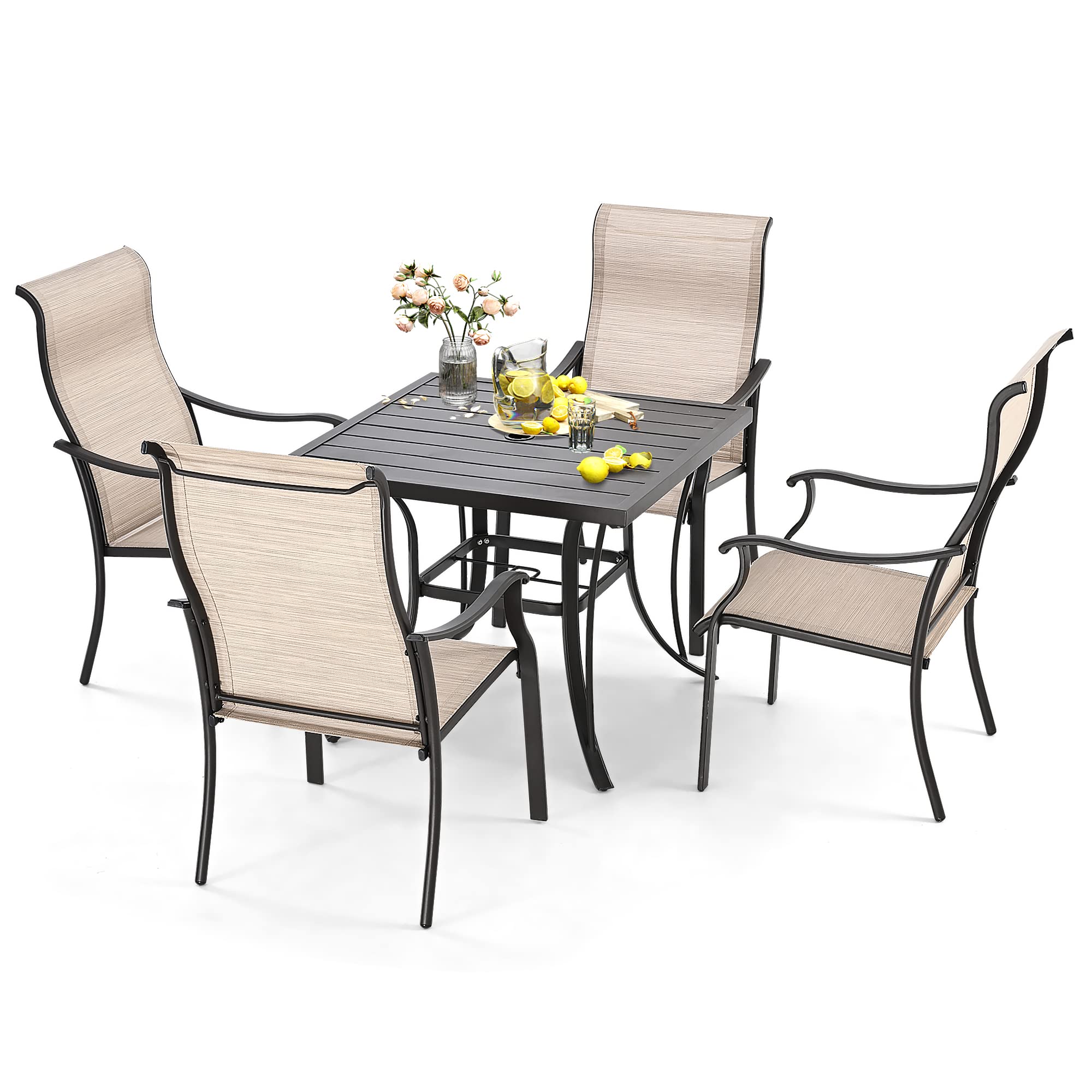 **HAPPATIO 5-Piece Outdoor Patio Dining Set with 4 Textilene Chairs & 1 Square Table – Weather-Resistant, Easy to Clean (Beige Brown) – Perfect for Backyard, Garden, and Poolside Gatherings**
