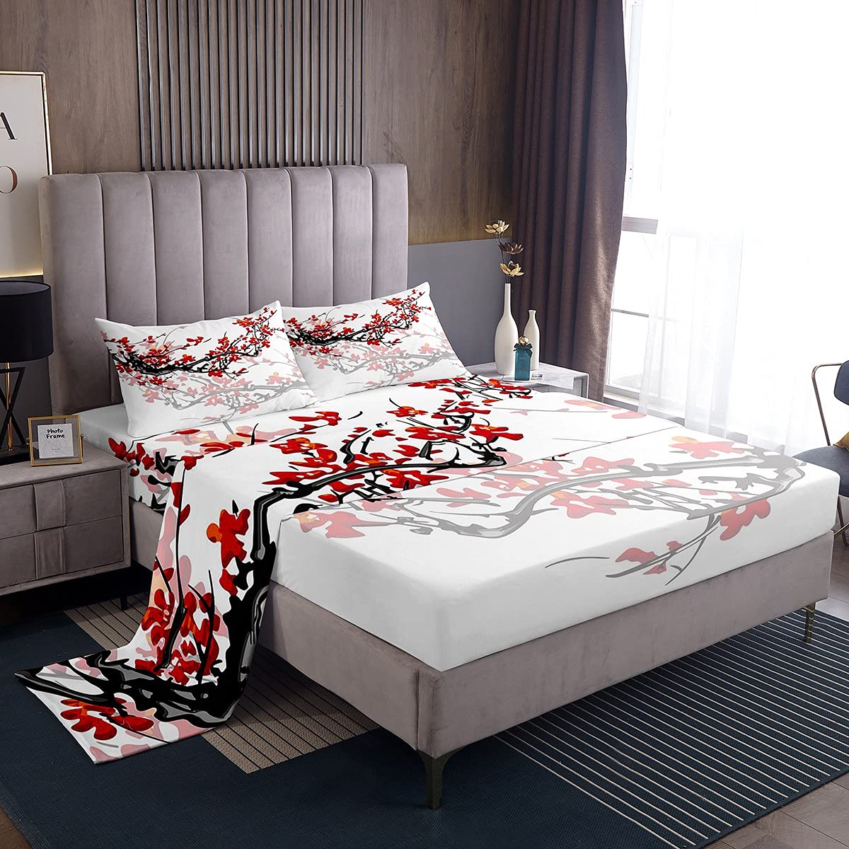 Japanese Cherry Blossom Queen Bedding Set - Floral Branch Red Nature Ink Art Deep Pocket Sheets with 2 Pillowcases | Soft Luxury Bed Sheets for Girls' Room, Spring Decor & Cozy Home Aesthetic