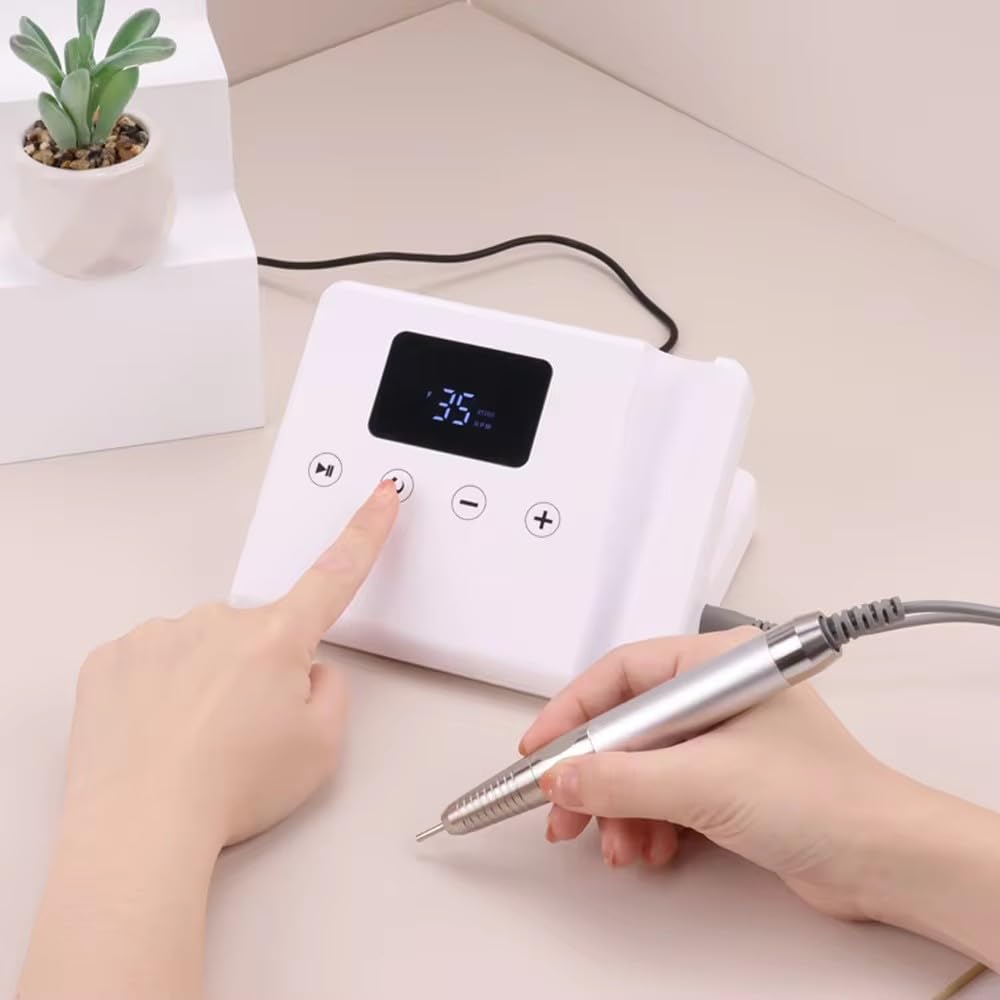 Professional E-File Nail Drill Machine - 35000 RPM Portable Electric Nail Sander with Coreless Motor for Manicure & Pedicure | Desktop Use | White | Perfect for Home Salon, Nail Techs & DIY Nail Care