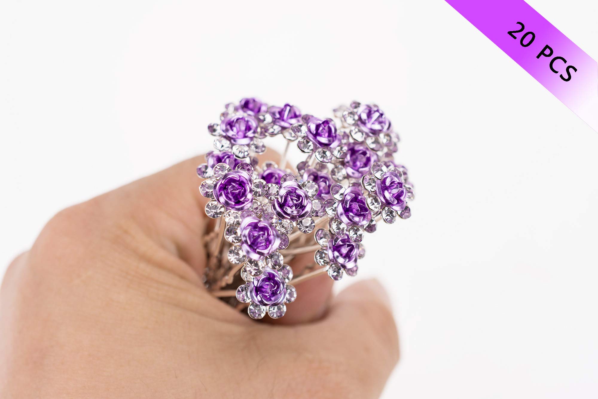 AKOAK 20-Piece Set Purple Crystal Rhinestone Rose Flower Hair Clips - Elegant Bridal Wedding Hair Accessories for Women, Barrettes & Headwear (Perfect for Bridal Showers, Weddings & Special Occasions)