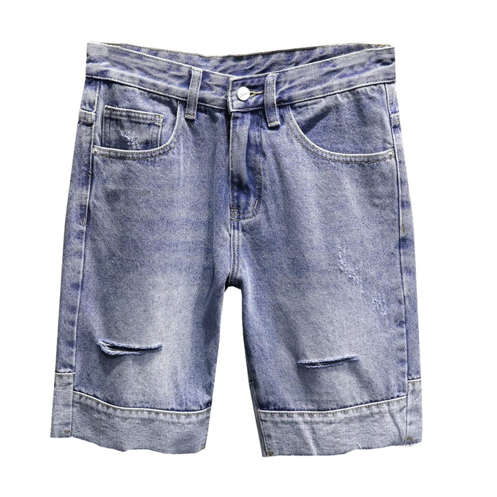 Men's Light Blue Denim Shorts - Straight Fit with Distressed Holes | Loose Comfortable Summer Casual Shorts for Men | Perfect for Beach, Travel & Outdoor Activities (Color: A, Size: 30)