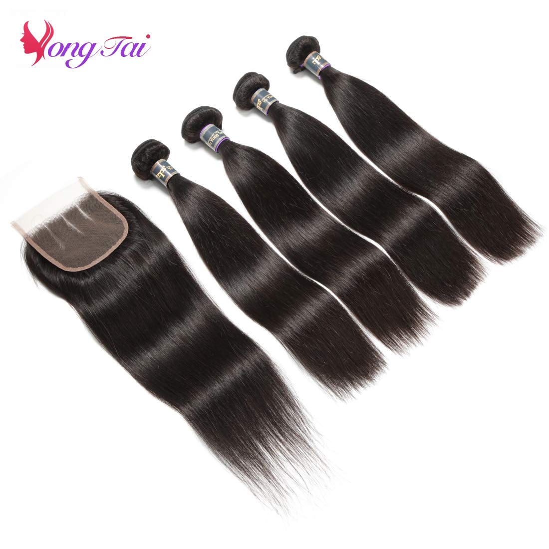 100% Unprocessed Malaysian Virgin Straight Hair Extensions - 4 Bundles with 3 Part Lace Closure (14 16 18 20 +14 Inch) 1B Color | Perfect for Daily Styling, Salon Looks & Special Occasions