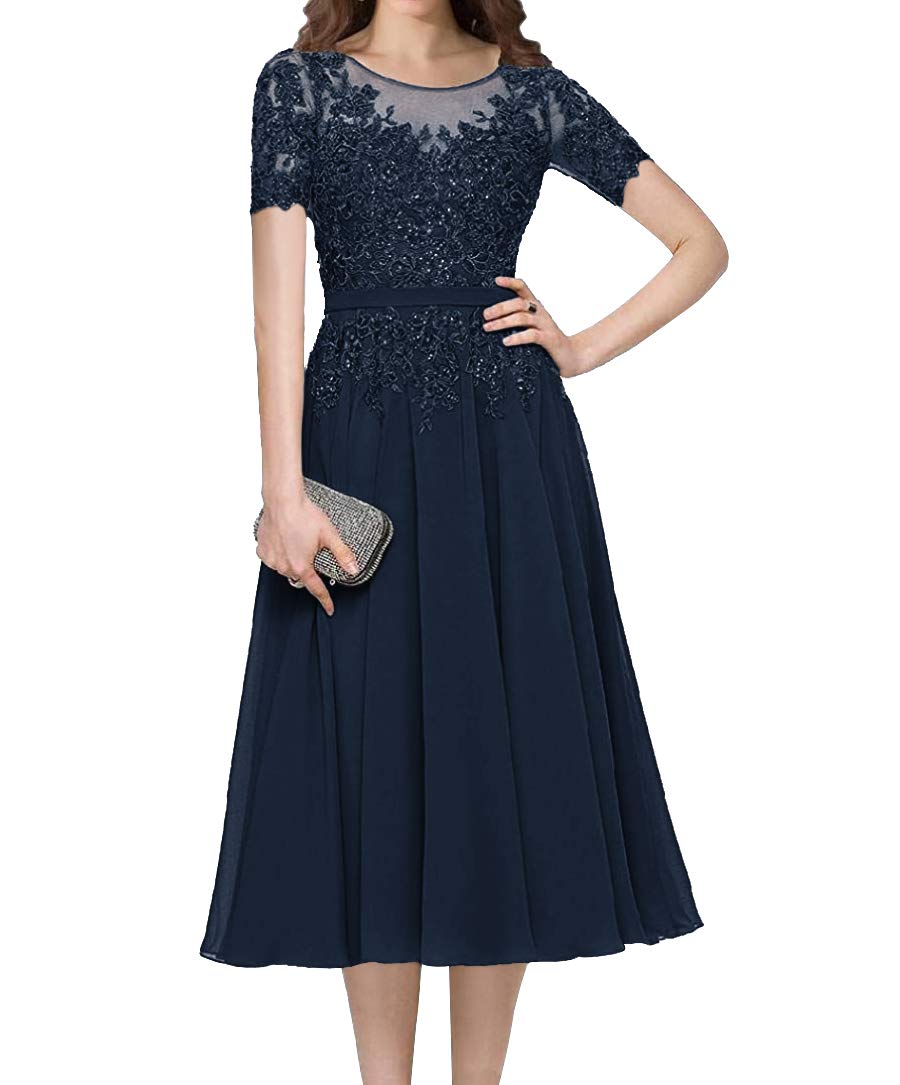 Elegant Tea Length Mother of The Bride Dress with Lace Applique & Beading - Short Sleeve Formal Evening Gown for Women | Perfect for Weddings, Receptions & Special Occasions