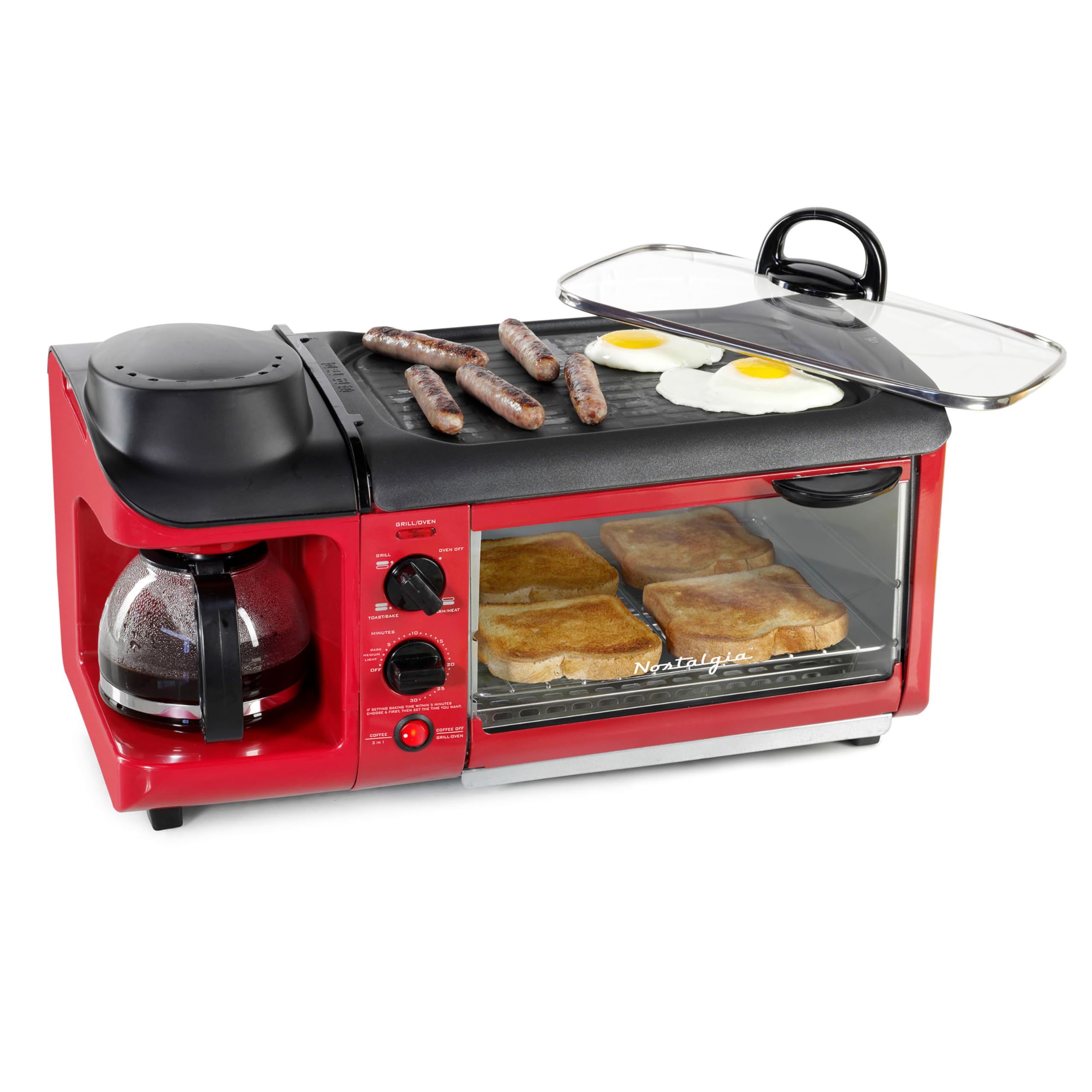 Nostalgia 3-in-1 Breakfast Station with Coffee Maker, Non-Stick Griddle & 4-Slice Toaster - Versatile Kitchen Appliance with Timer - Perfect for Home, Office or Dorm Room - Red