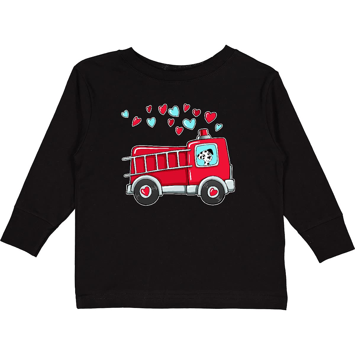 Valentine's Day Fire Truck & Dalmatian Toddler T-Shirt - Cute Long Sleeve Shirt for Boys Girls, Birthday Gift, Christmas Outfit, Family Matching PJs