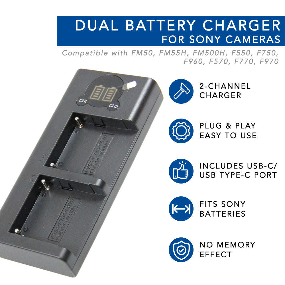 Sony FM50 FM55H FM500H QM71 Rapid Dual Battery Charger Replacement with LCD Screen & Micro USB Cable - Fast Charging for Cameras, Camcorders & Photography Gear