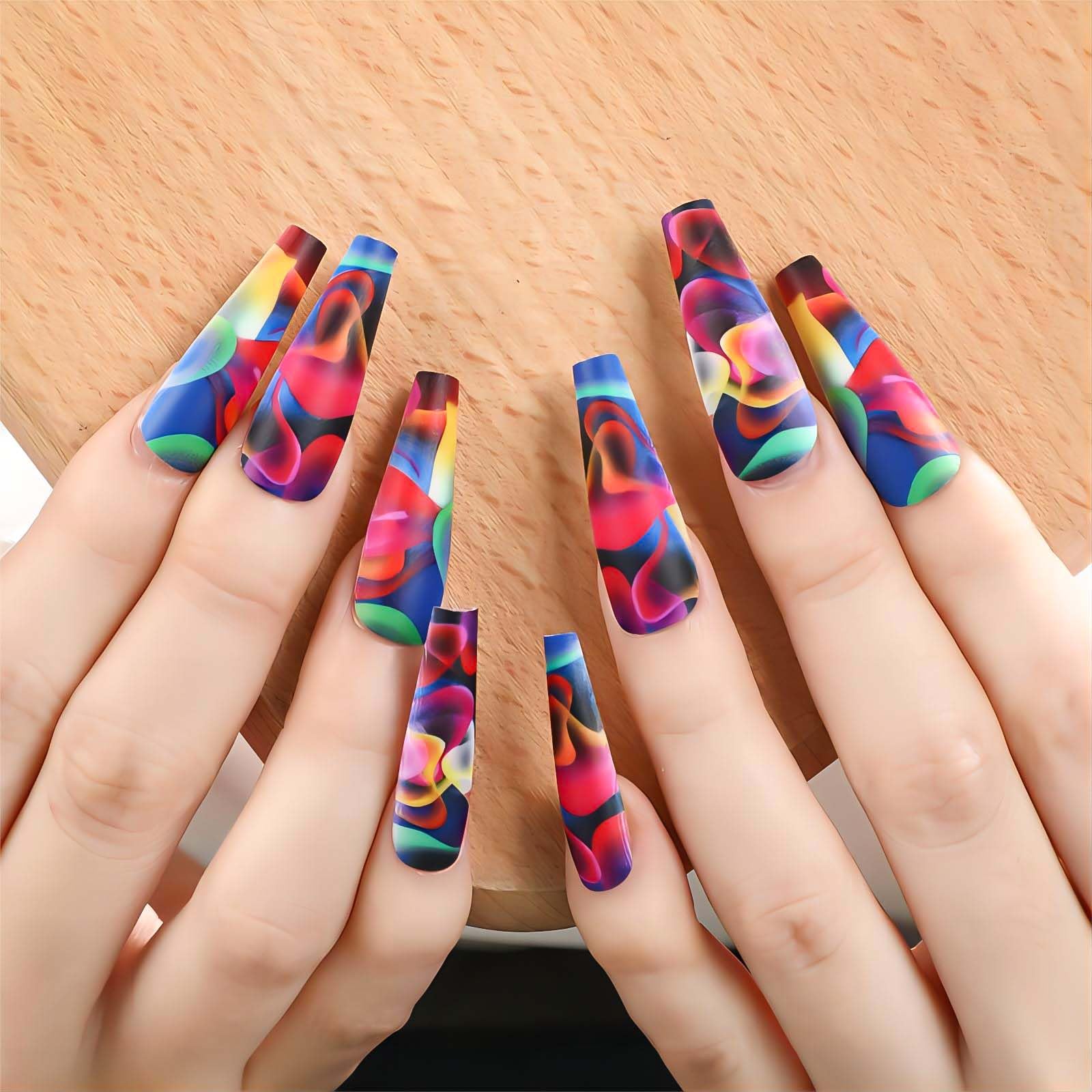 24Pcs Acrylic Press on Nails Long Coffin Fake Nails with Glue - Water Ripple Rainbow Designs Full Cover Artificial Nails for Women, Salon & Party Use