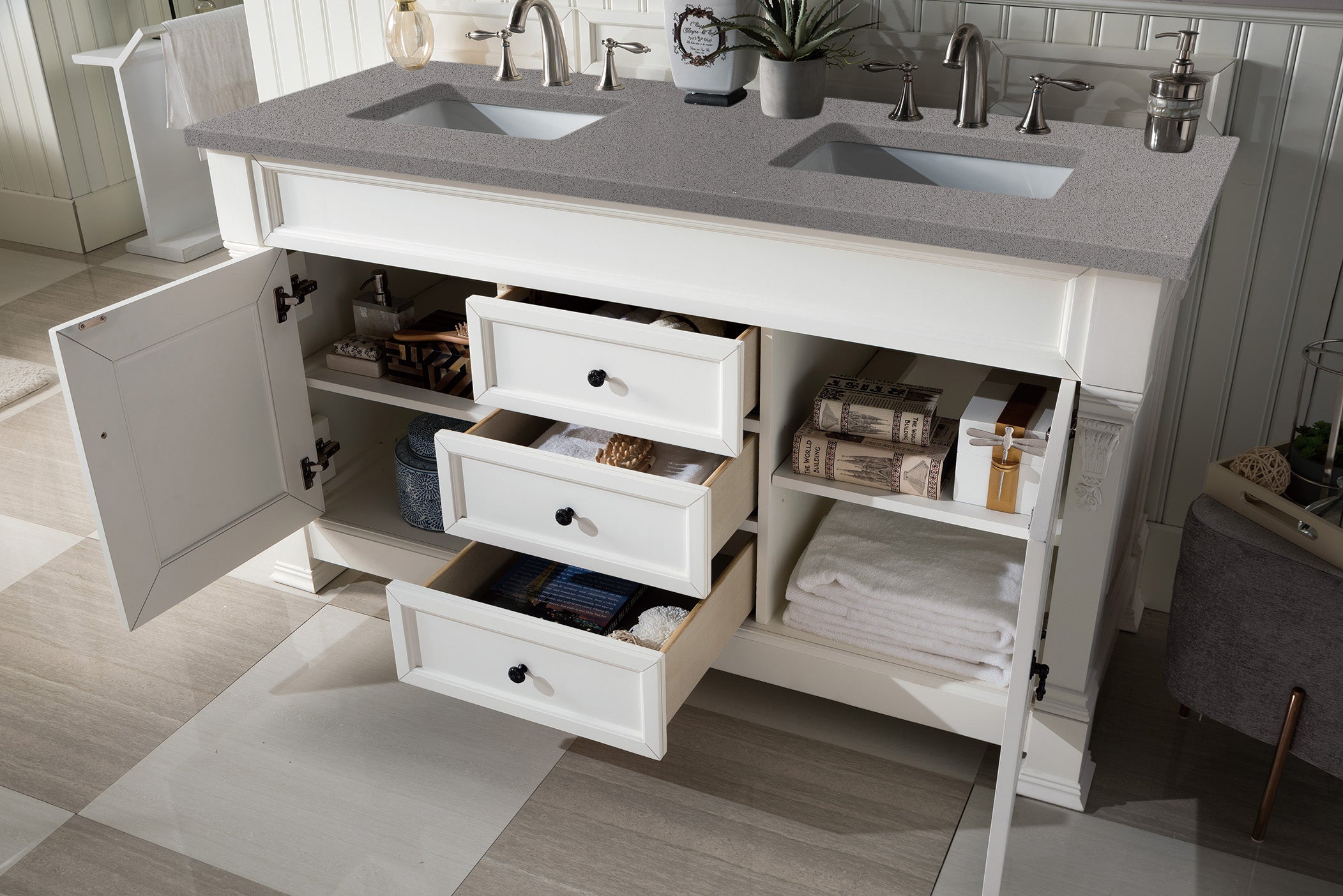 Brookfield 60-Inch Double Vanity with Bright White Finish & 3CM Grey Expo Quartz Top - Perfect for Modern Bathroom Renovations & Master Bath Suites