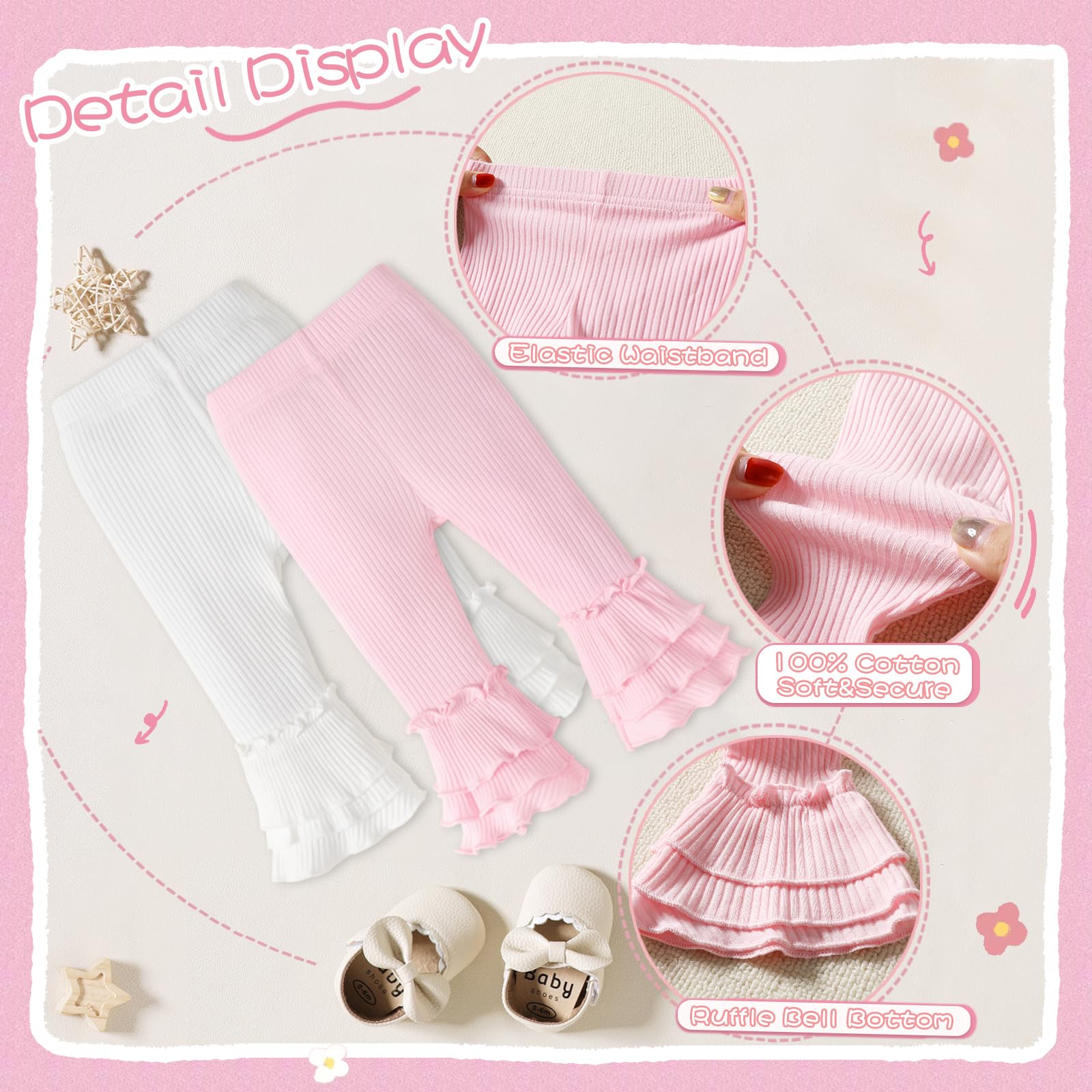 Newborn Baby Girl Pants Leggings - Ribbed Straight Flare Bell Bottoms (5-Pack) | Soft & Stretchy Infant Toddler Leggings for Playtime, Daycare & Photo Shoots