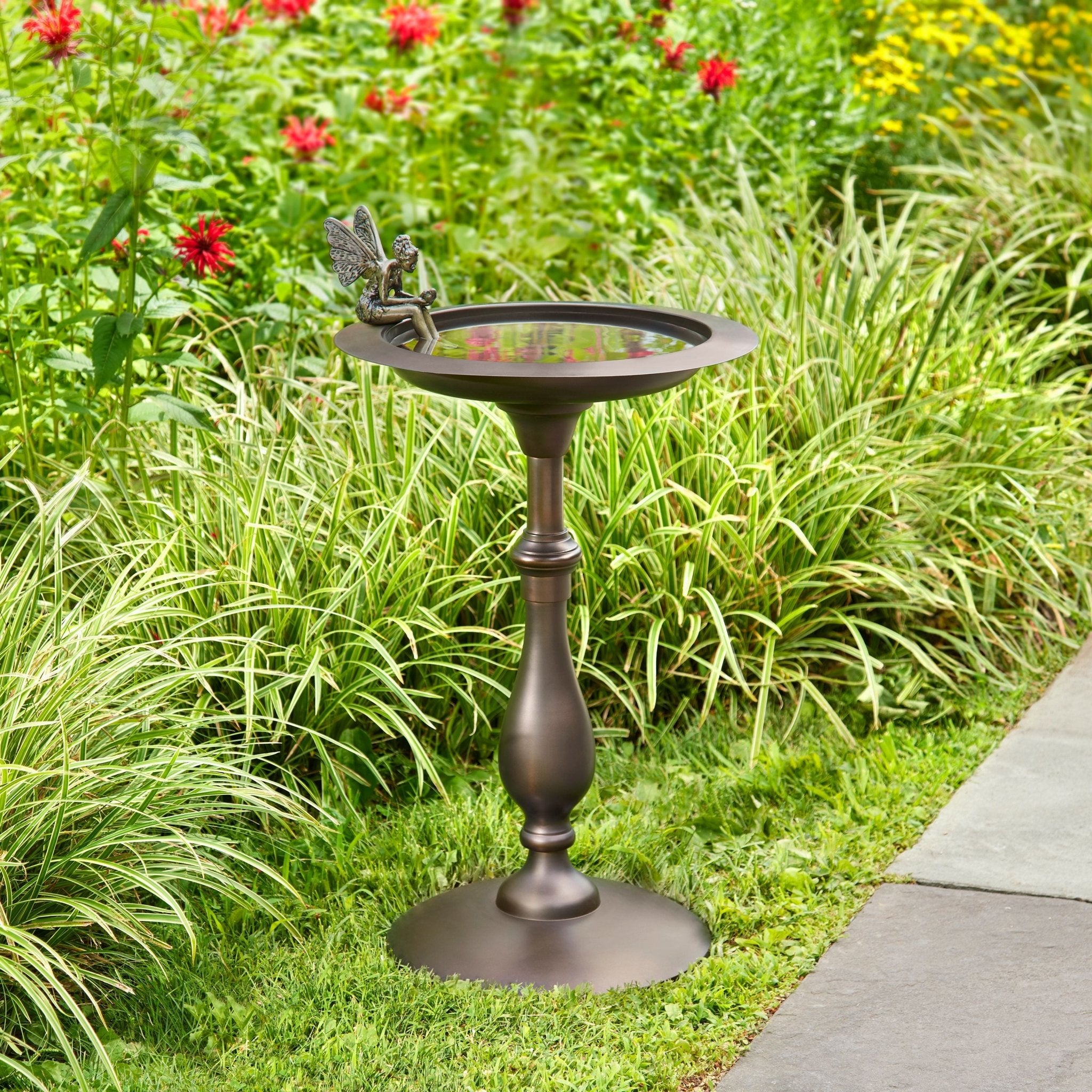 Classic Bronze Bird Bath Pedestal with Fairy Statue - Elegant Garden Decor for Outdoor Bird Watching & Fairy Garden Theme