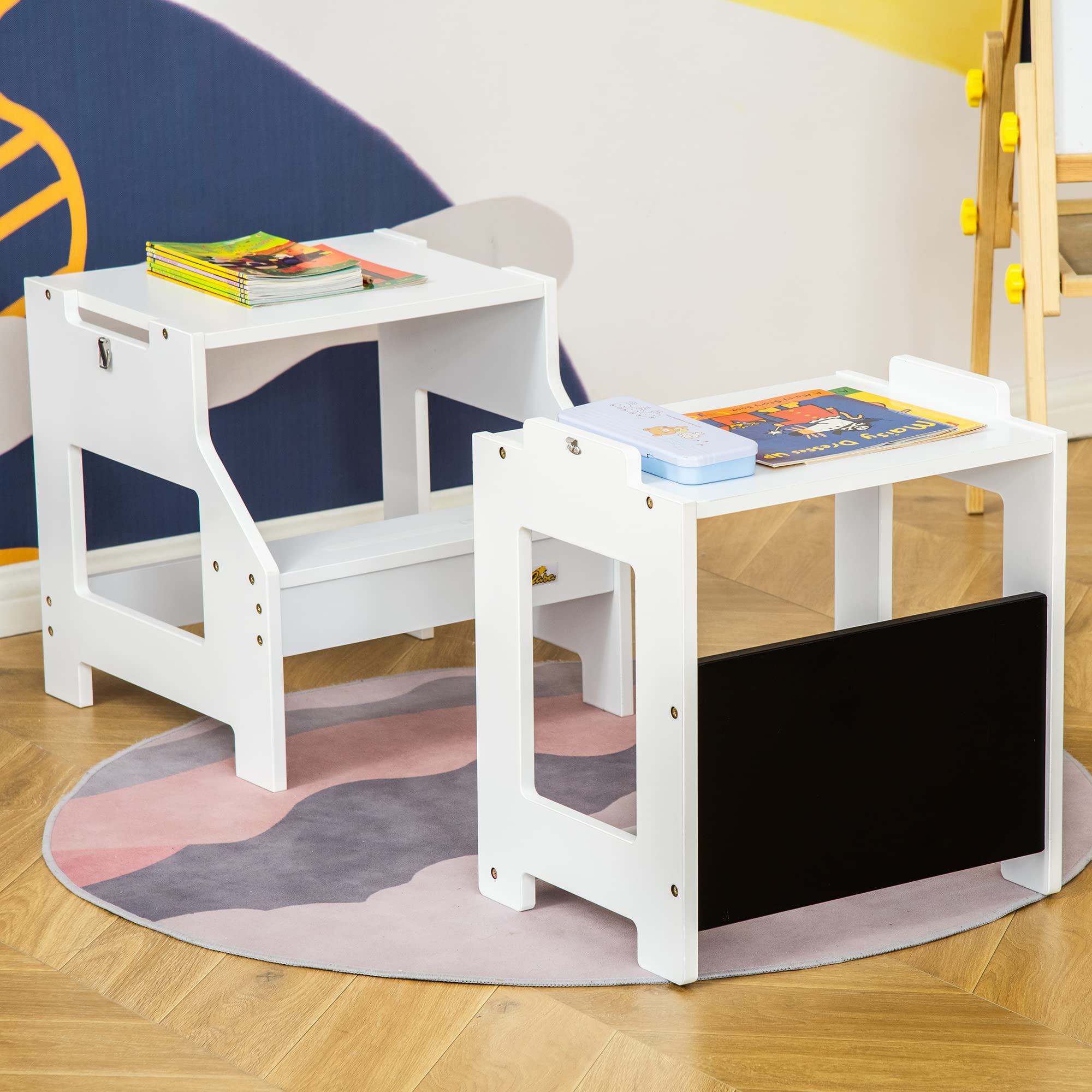 Qaba 2-in-1 Kids Kitchen Step Stool & Toddler Standing Tower with Chalkboard - Adjustable Safety Rail for Kitchen, Bathroom & Bedroom - White - Perfect for Cooking, Brushing Teeth & Reaching High Places