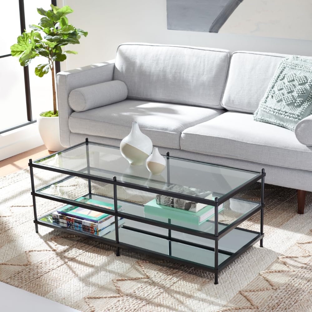 SAFAVIEH Cathal 3-Tier Coffee Table - Matte Black with Glass & Mirror Design for Living Room - Modern End Table with Storage Shelf - Perfect for Small Spaces, Apartments & Lounge Areas