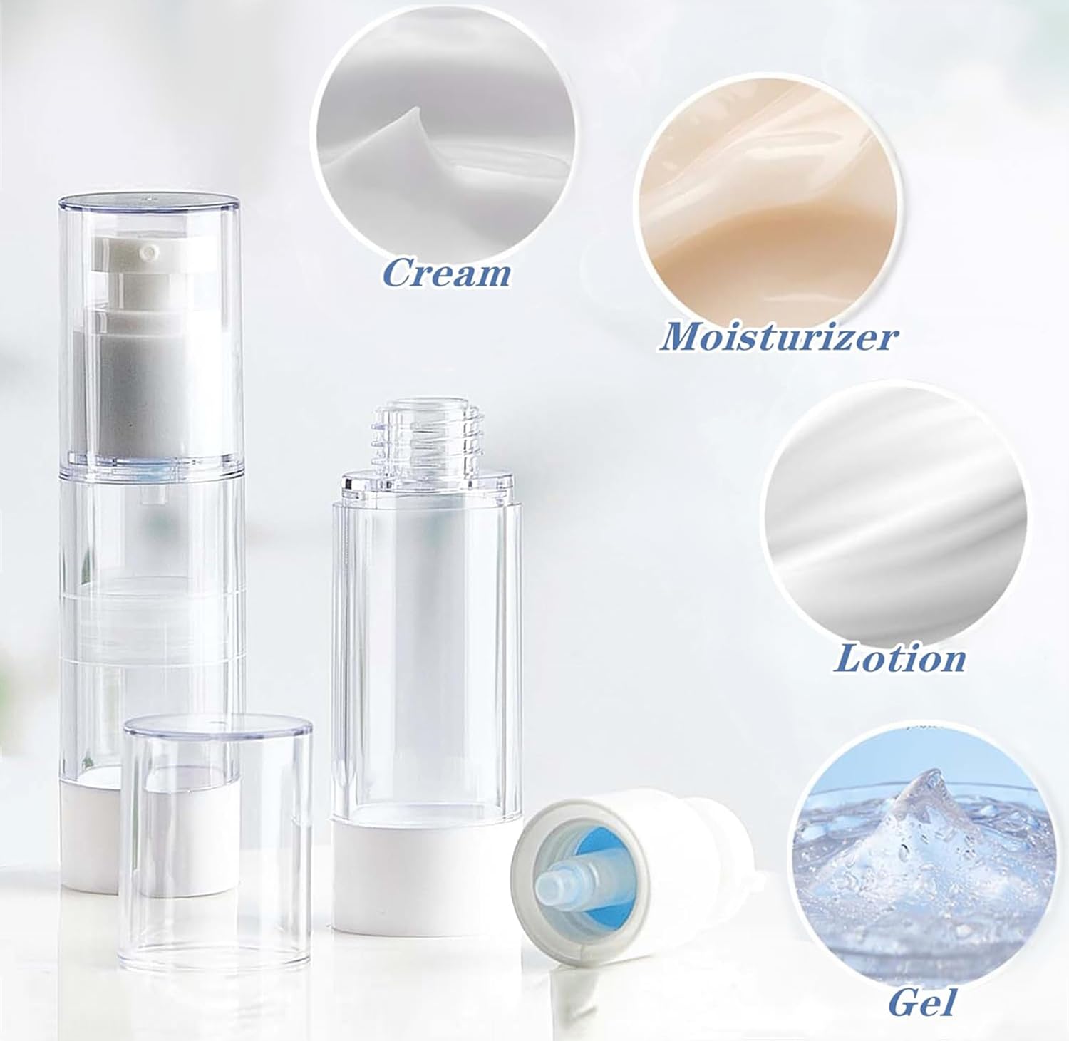 TUZAZO 6 Pack 1 Oz/30 ML Clear Airless Pump Bottles - Refillable Travel Size Plastic Cosmetic Containers for Foundation, Cream, Shampoo & Lotion - Perfect for Toiletry Kits, Makeup Organizers & Skincare Storage