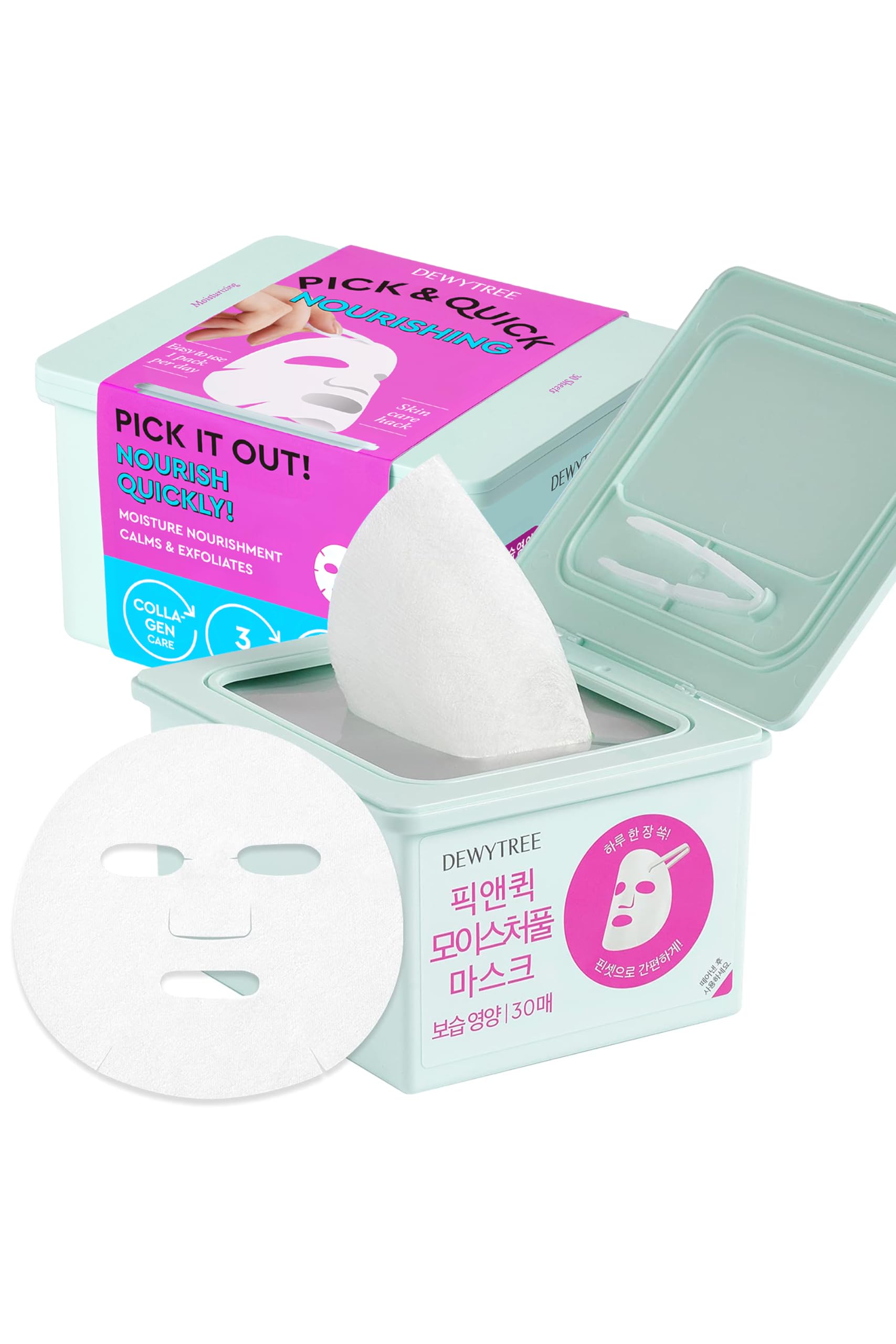 DEWYTREE Pick and Quick Moisture Full Face Mask 30 Sheets | Korean Collagen Sheet Mask for Hydrating & Nourishing Skin | Ceramide Infused Facial Mask Set for Deep Moisturizing | Perfect for Daily Skincare, Spa Day, or Travel Essentials