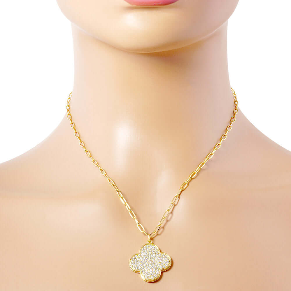 Elegant Clear Gold Dipped Stone Paved Quatrefoil Pendant Necklace for Women - Perfect for Weddings, Parties & Special Occasions