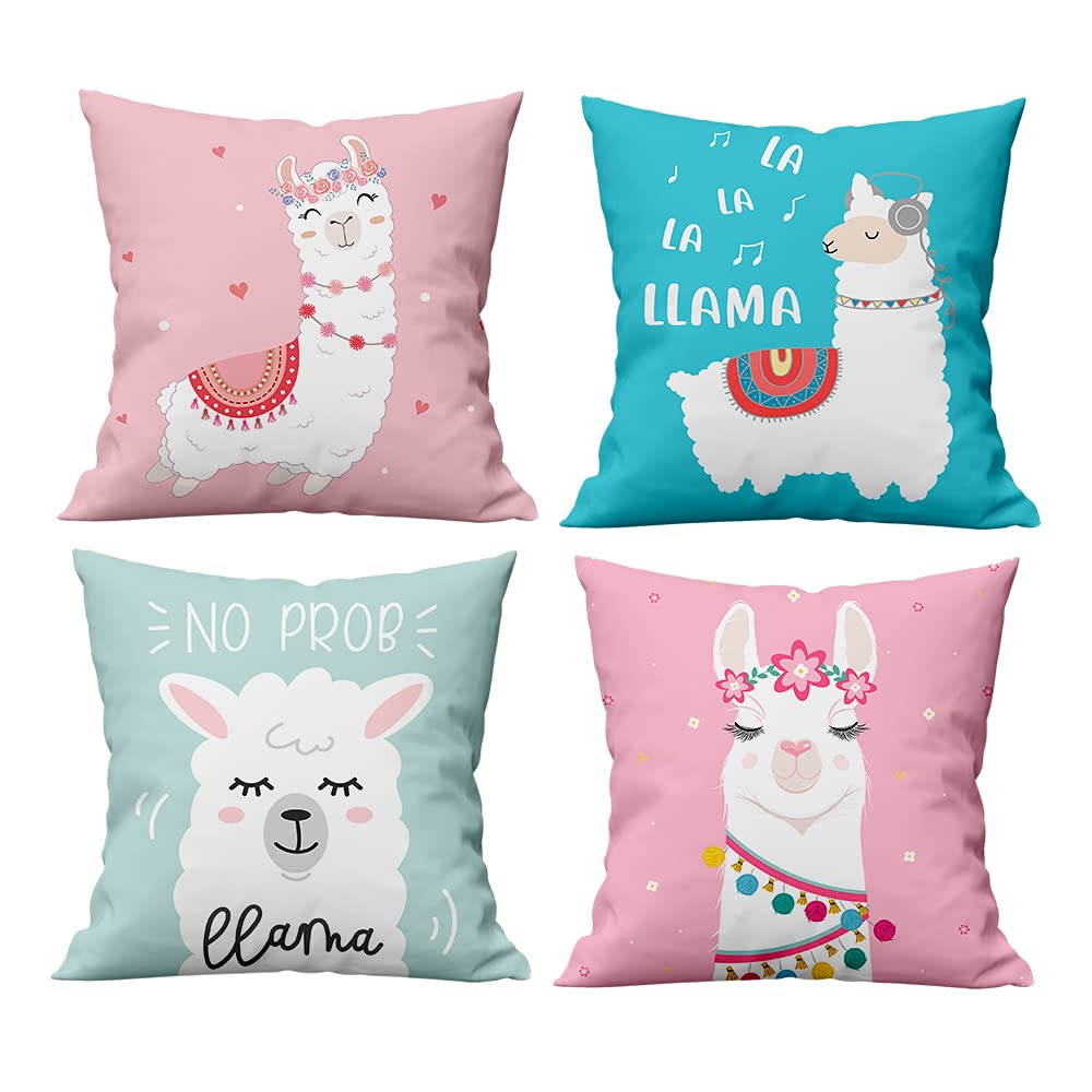 Cute Llama & Alpaca Cartoon Throw Pillow Covers 18x18 Inch Set of 4 - Funny Animal Square Cushion Covers for Bedroom, Sofa, Dorm Decor in Pink & Light Blue - Perfect for Teens & Girls Room Accessories