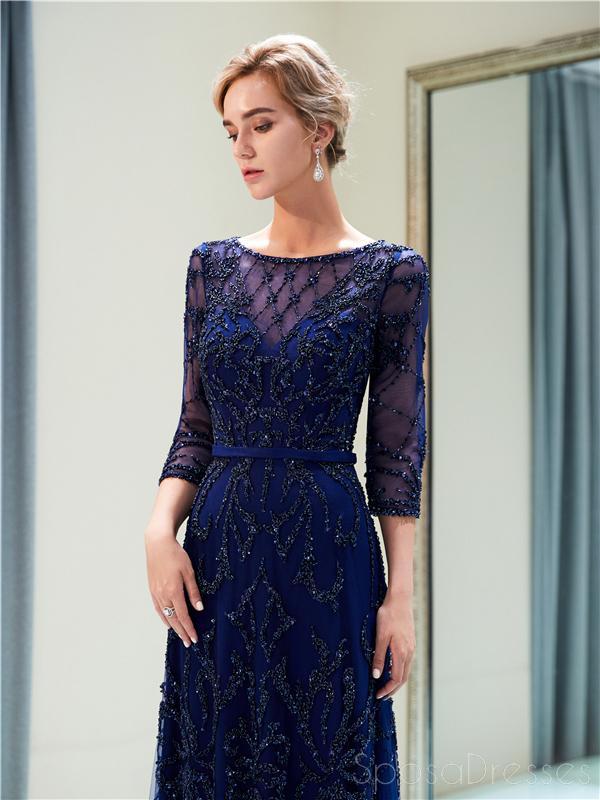 Elegant Navy Long Sleeve Lace Beaded Prom Dress for Evening Party & Formal Events - Perfect for Homecoming, Ball Gowns & Special Occasions - Style 12052