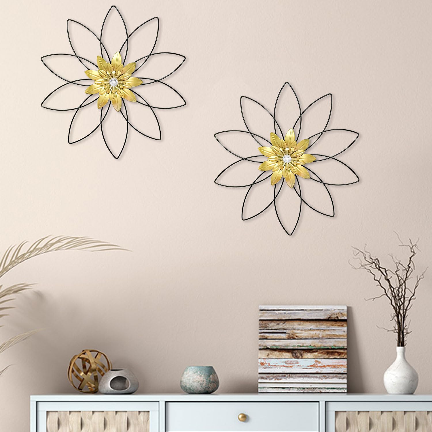 2 Pack Black Metal Flower Wall Decor Sculpture - Elegant Patio, Balcony, Living Room, Bathroom, Bedroom & Dining Room Wall Art - Perfect for Home & Office Decor