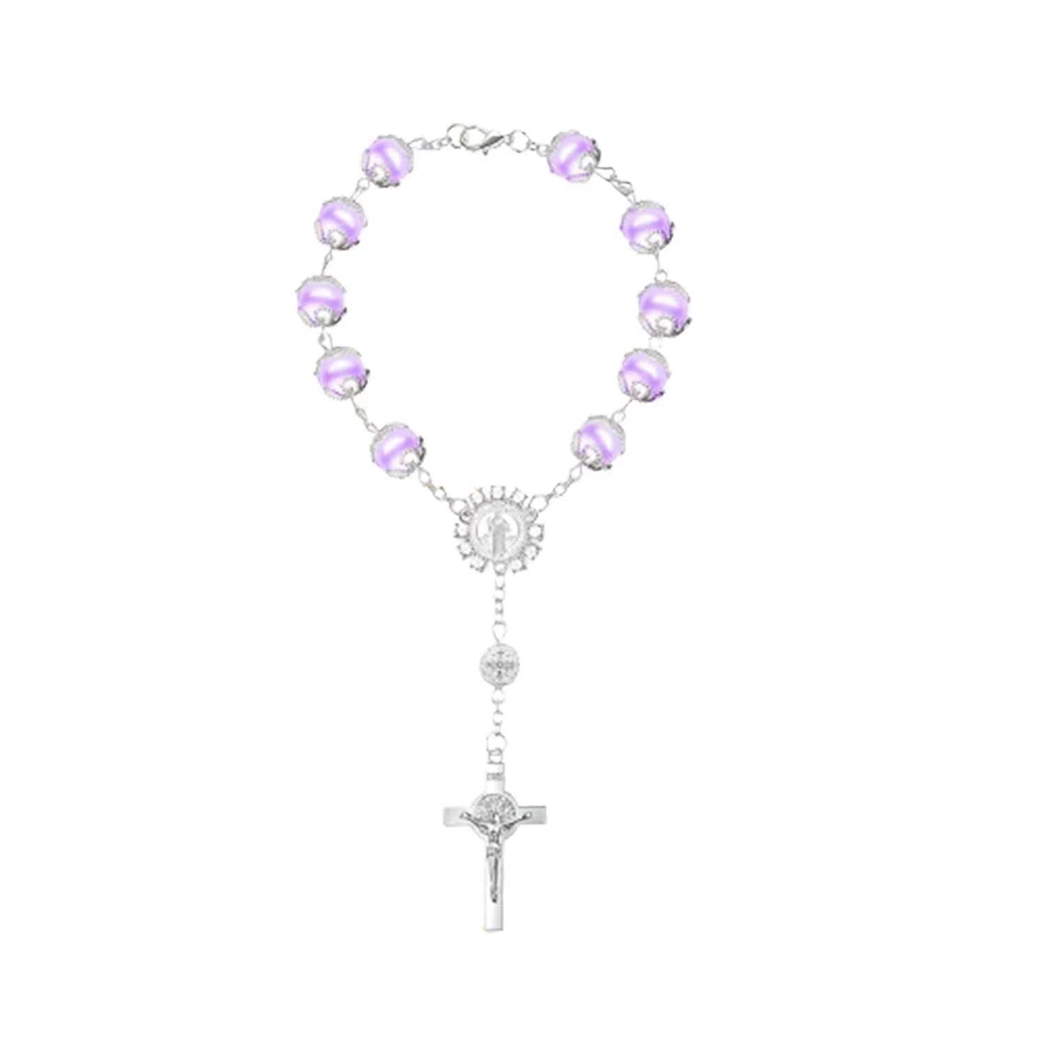 St. Benedict Cross Tori Pearl Bracelet - Hand Holding Prayer Cross Rosary Lace Bracelet for Catholic Boys & Girls (Purple) | Religious Jewelry Gift for Baptism, First Communion & Daily Devotion
