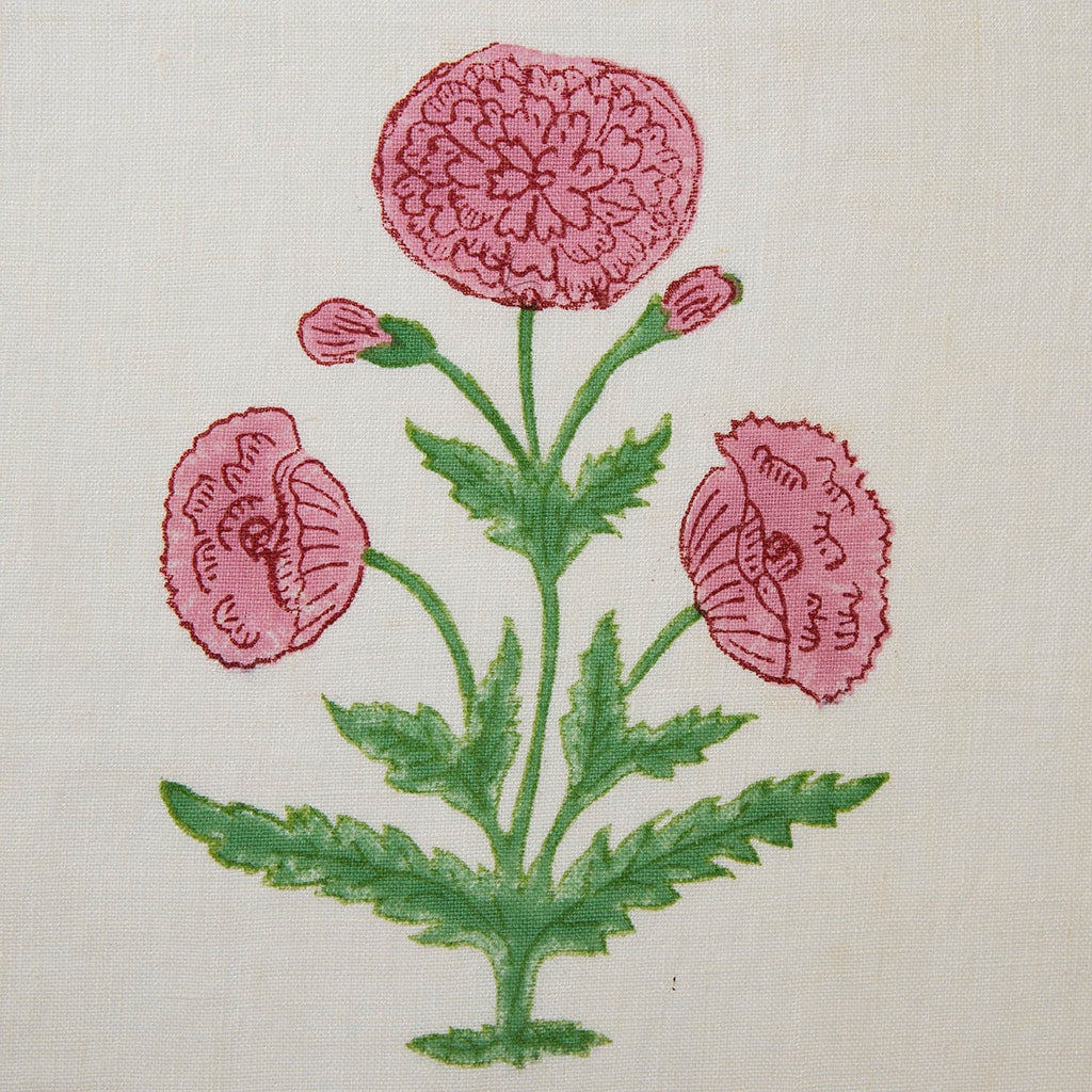 Poppy Block Printed Linen Fabric - Rose & Grass Design Sample for DIY Crafts, Home Decor & Upholstery Projects
