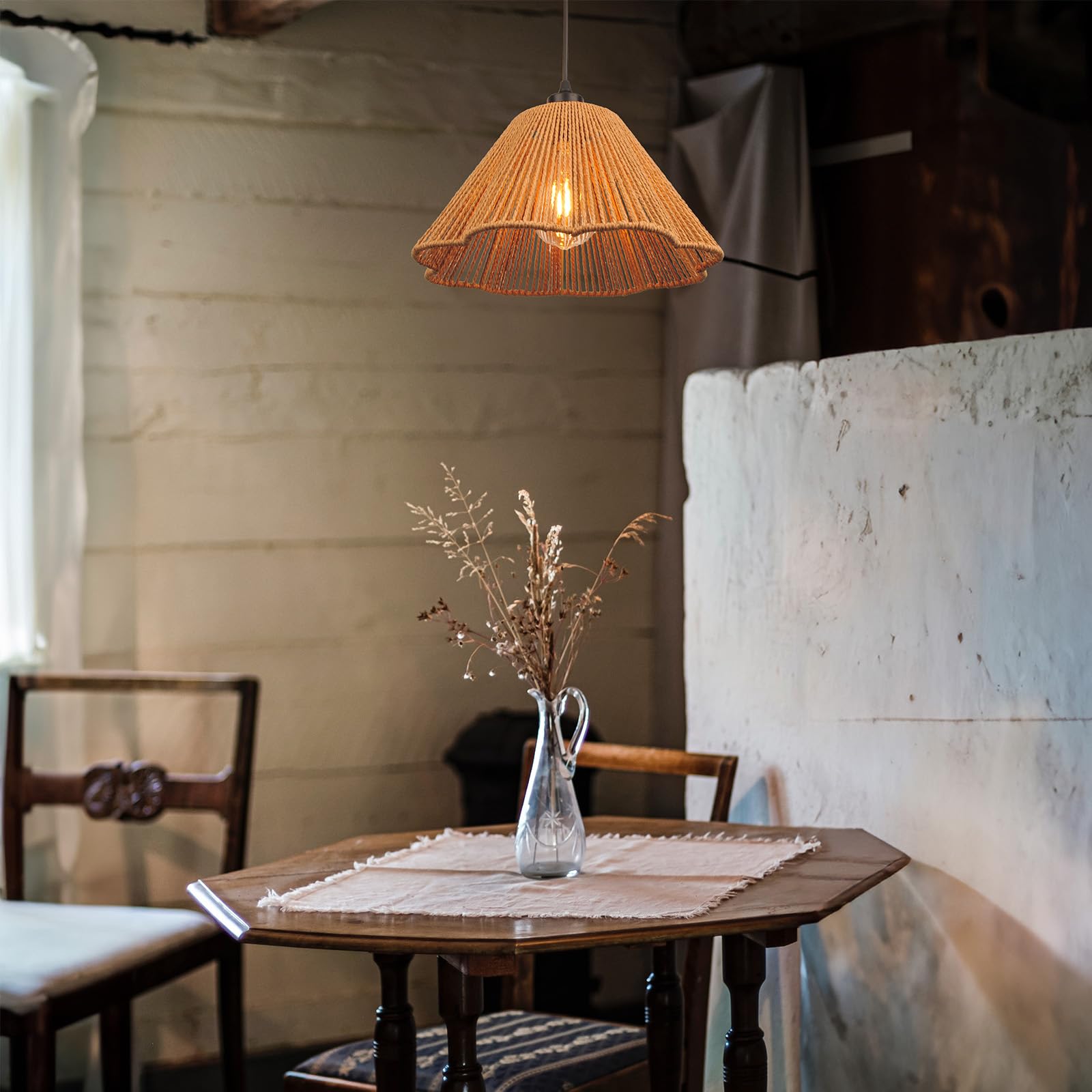 Handwoven Rattan Plug-in Pendant Light with Wicker Woven Lampshade (Includes Bulb) - 2-Pack Brown Hanging Lights with Cord - Boho Ceiling Fixture for Living Room, Kitchen, Bedroom & Dining Area - Perfect for Farmhouse, Coastal & Modern Decor