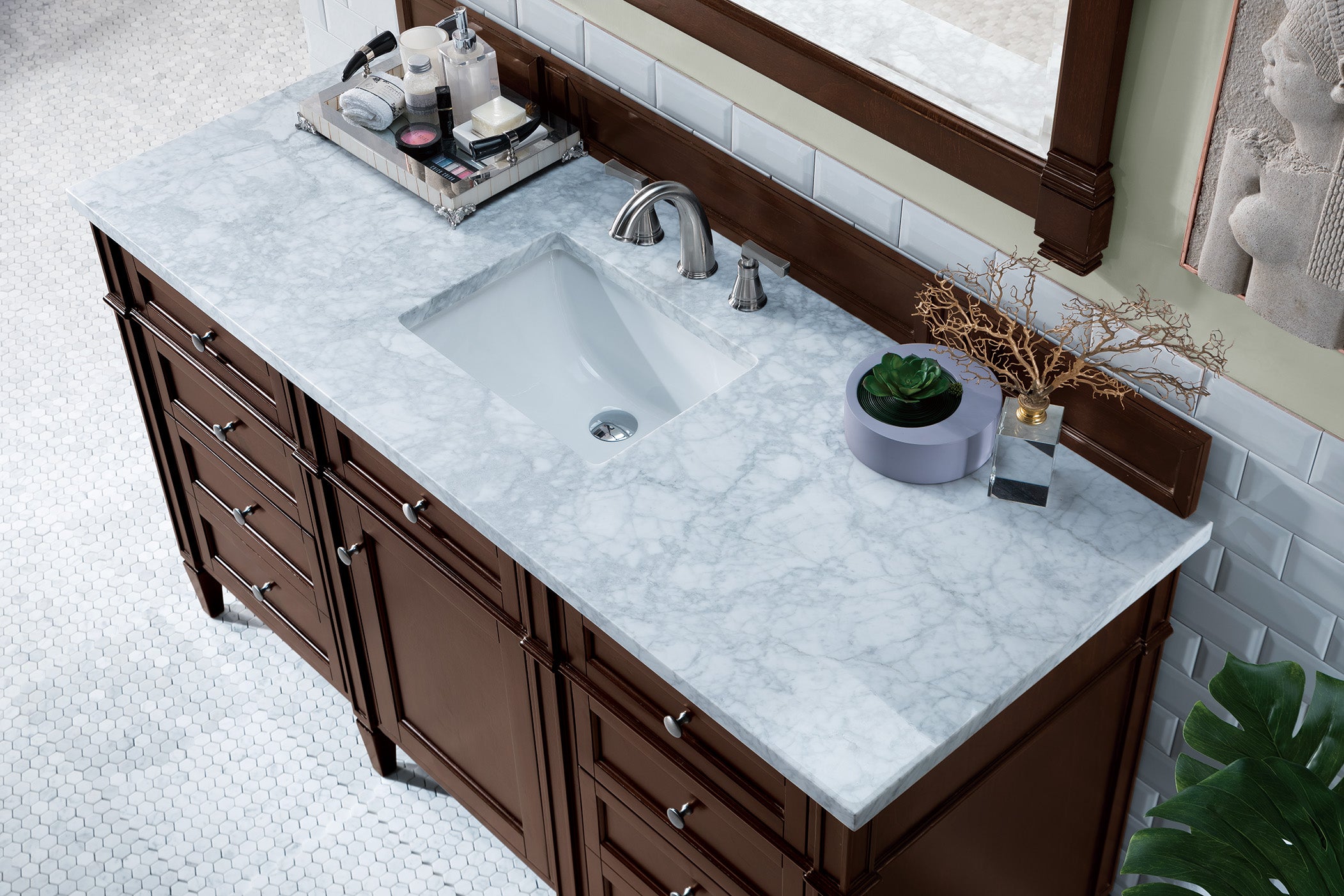Brittany 60-Inch Burnished Mahogany Bathroom Vanity with 3CM Carrara Marble Top - Perfect for Master Bathroom & Powder Room Remodeling
