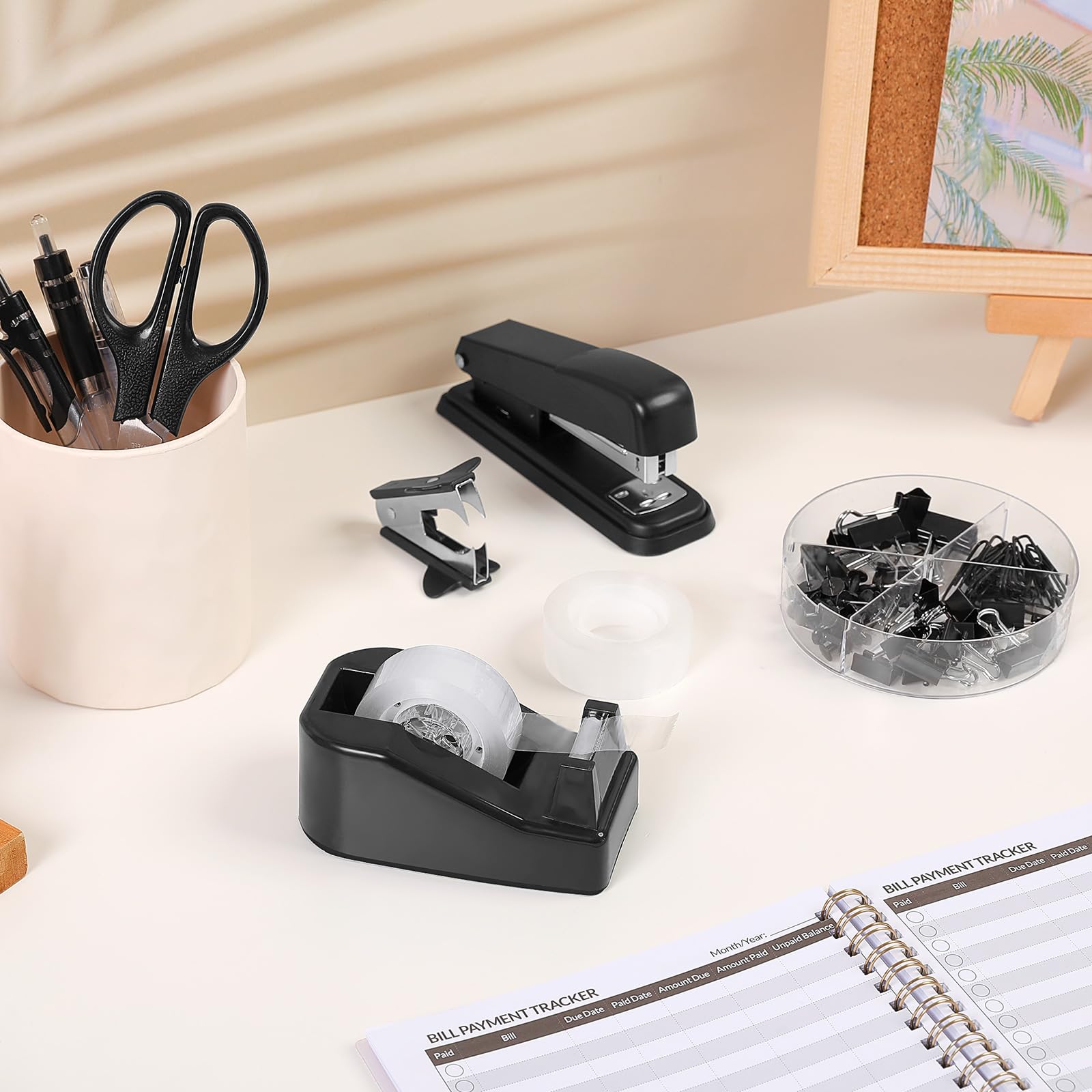 Premium Black Office Supplies Set - Stapler, Tape Dispenser, Scissors, Binder Clips & 1000 Staples | Stylish Desk Organizer for Home Office, School & Workplace | Complete Stationery Kit for Professionals & Students