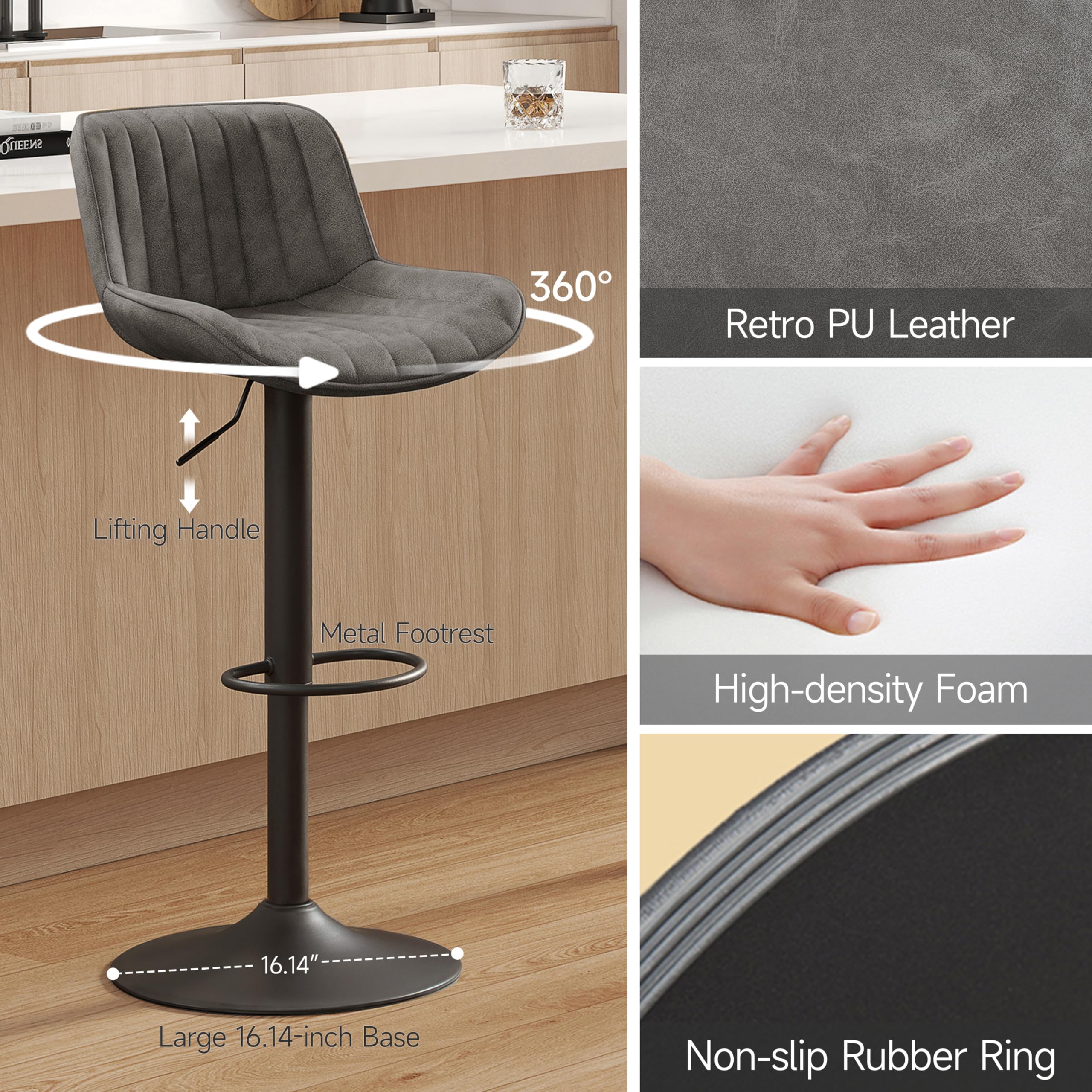 Mid Century Modern Swivel Bar Stools for Kitchen Counter - Adjustable Height Bar Chairs with Back, Vintage PU Leather Kitchen Island Stools (Black Base, Gray, Set of 2) - Perfect for Breakfast Nooks, Home Bars & Kitchen Islands
