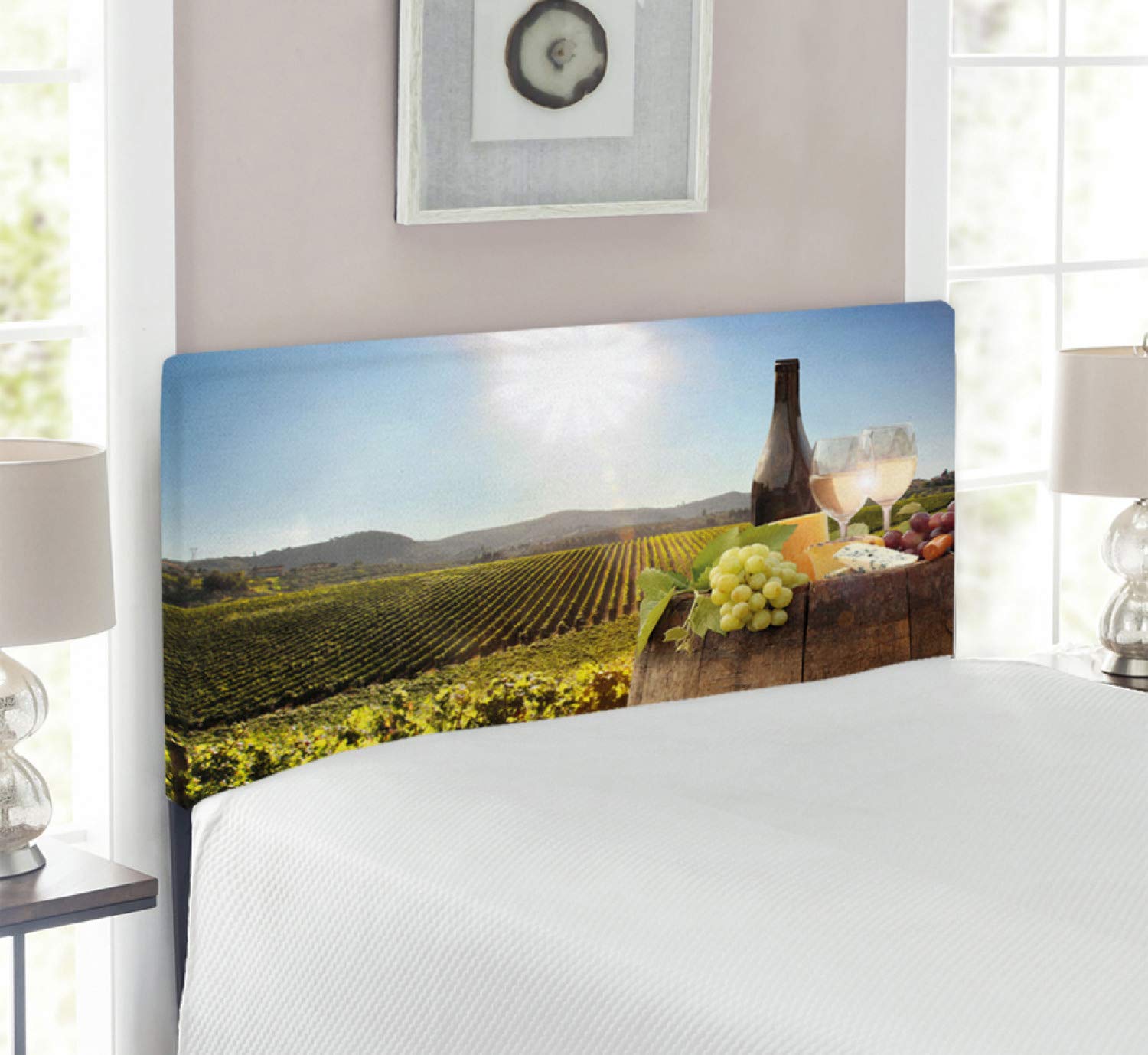 Ambesonne Wine Headboard - Upholstered Decorative Metal Bed Frame with Memory Foam, Twin Size in Green Brown & Pale Blue | Tuscan Vineyard Inspired Design | Perfect for Bedroom Decor & Wine Lovers