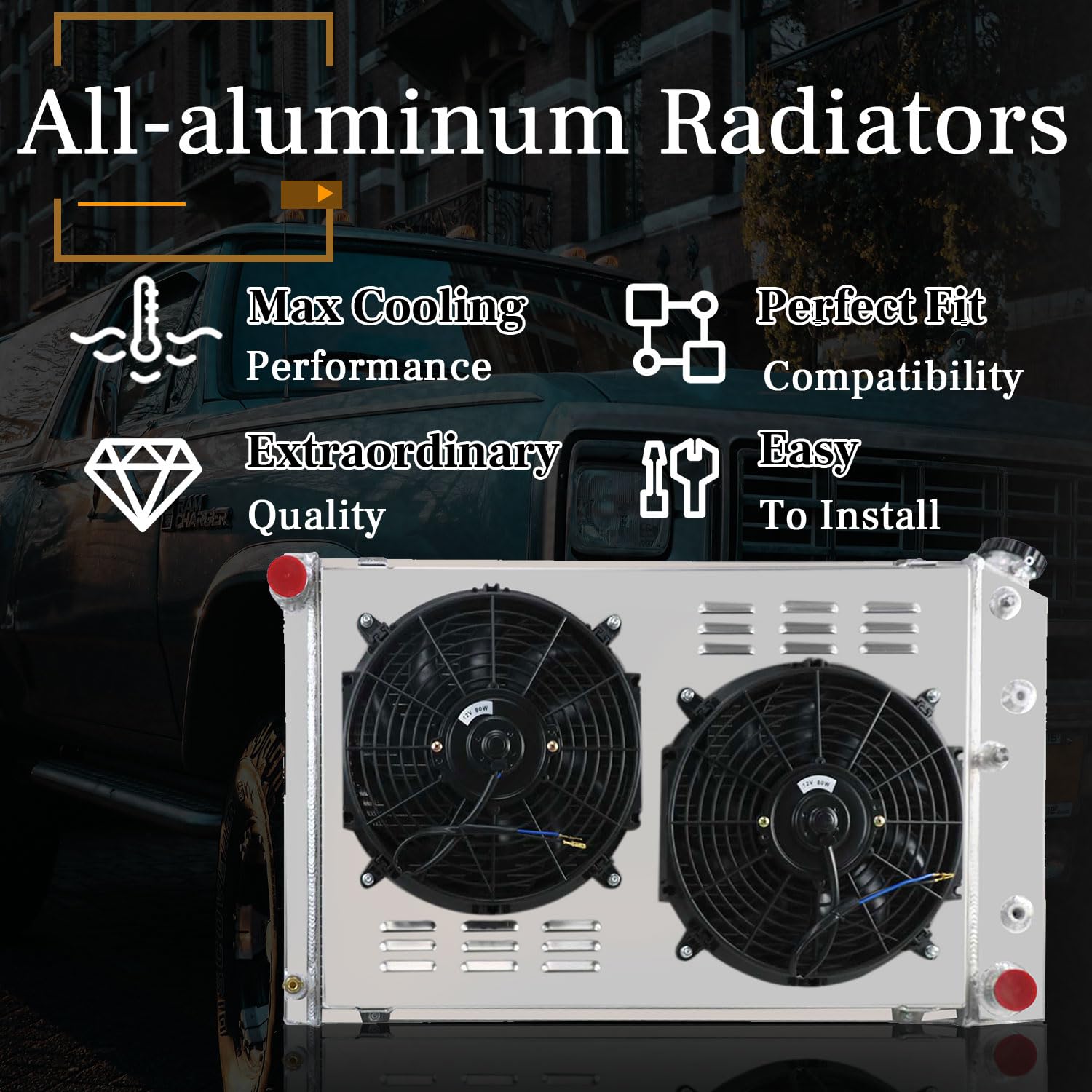 CU162 Aluminum Radiator with Electric Fan - Compatible with 1970-1988 Chevy GMC Buick Blazer Camaro Malibu Monte Carlo Nova Caballero Jimmy Century Skylark - 3 Row Radiator with Shroud & Fan - Perfect for Engine Cooling & Performance Upgrades