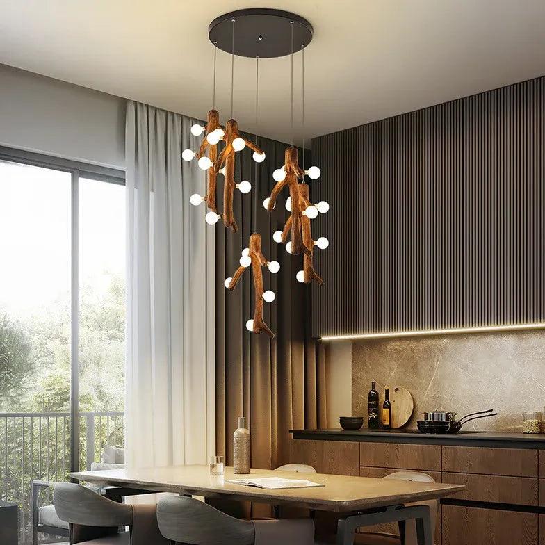 Modern White Globe LED Chandelier with Tree Trunk Design - Perfect for Dining Room, Bedroom, and Living Room Lighting Decor