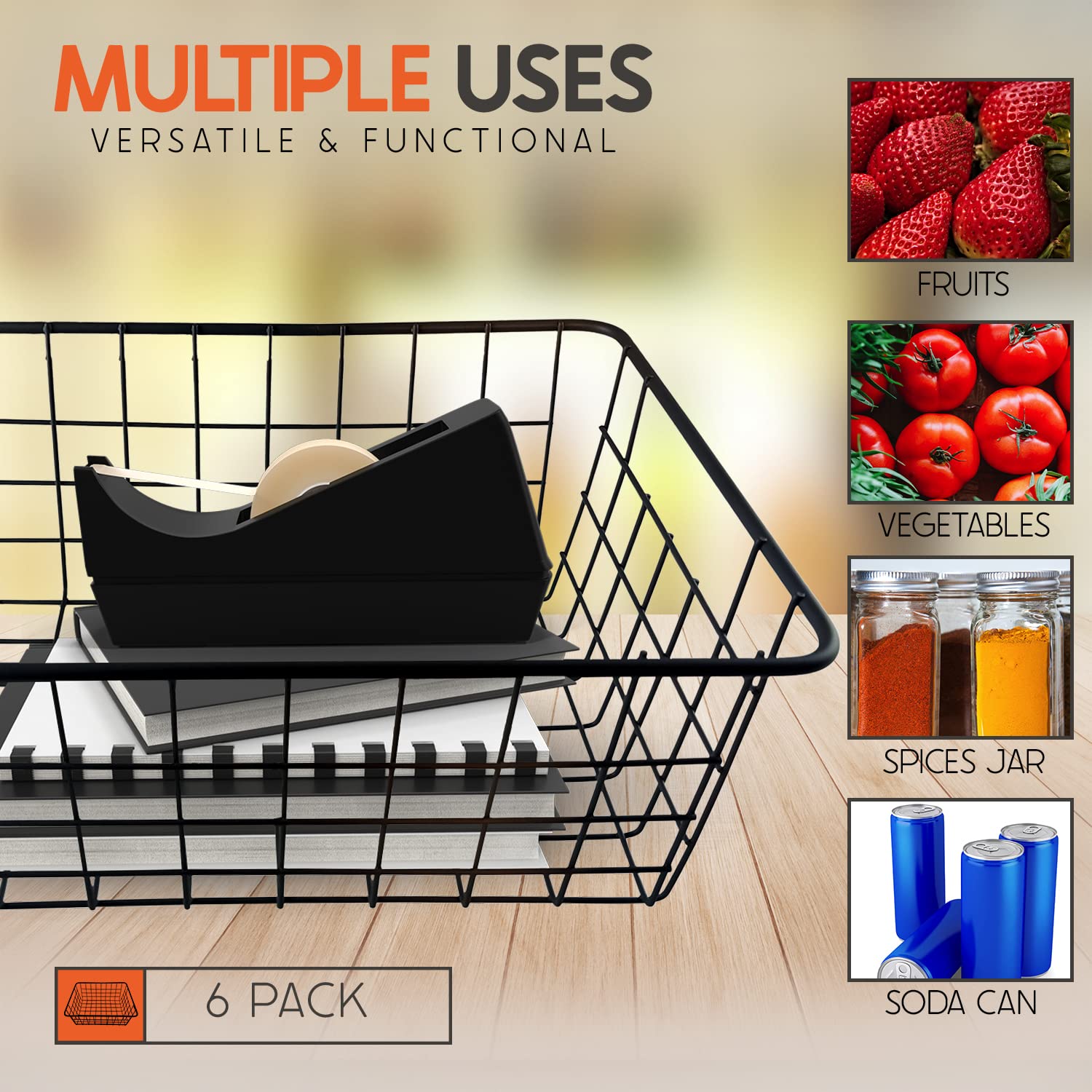 6-Pack Gray Wire Baskets - Versatile Storage & Organization Baskets for Kitchen, Bathroom, Closet, Pantry, Office & Home Decor | Perfect for Organizing Countertops, Tables & Shelves | Large Size (Gray)