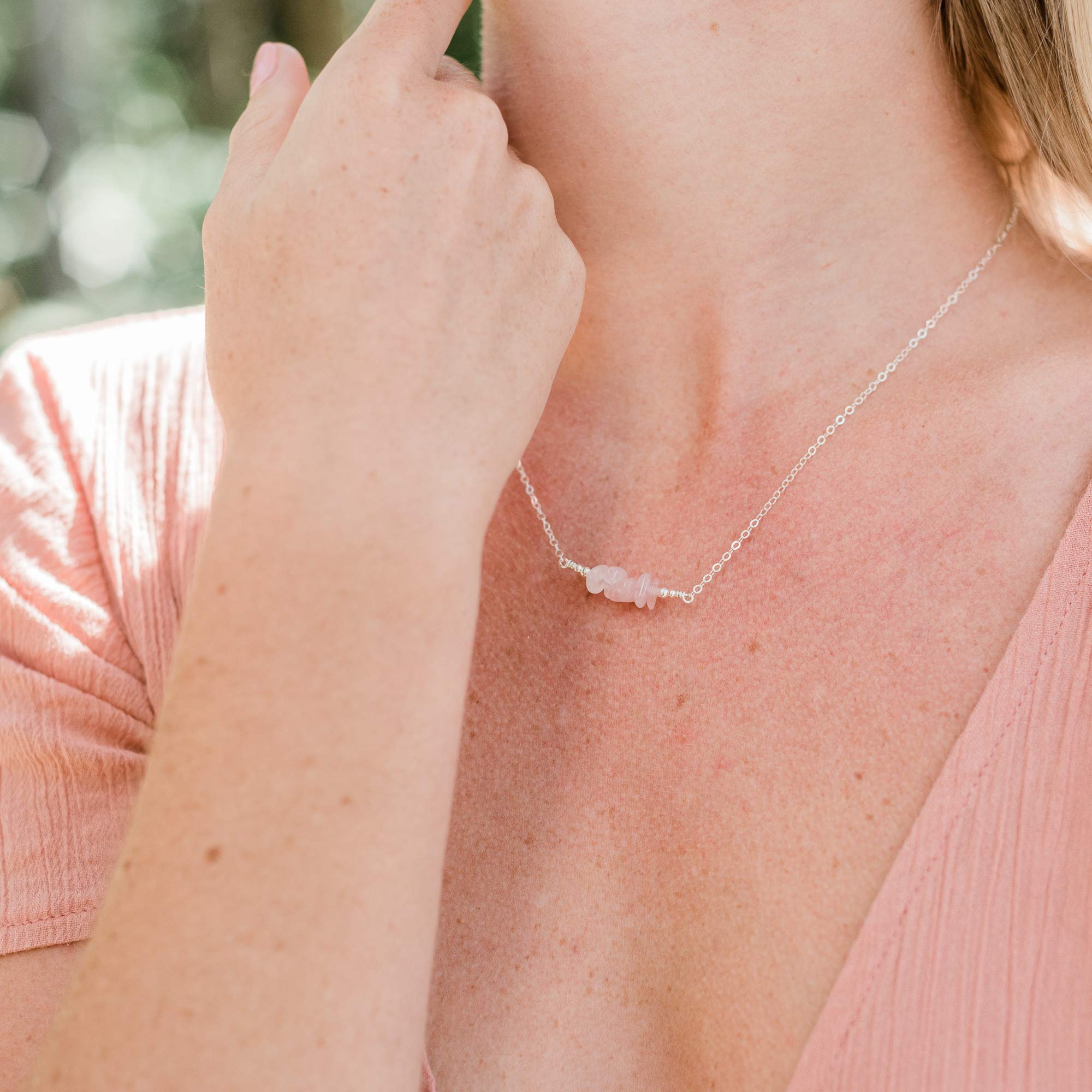 Rose Quartz Chip Bead Bar Necklace in Sterling Silver - Healing Crystal Jewelry for Women, Chakra Balancing & Positive Energy - Perfect for Meditation, Yoga & Everyday Wear