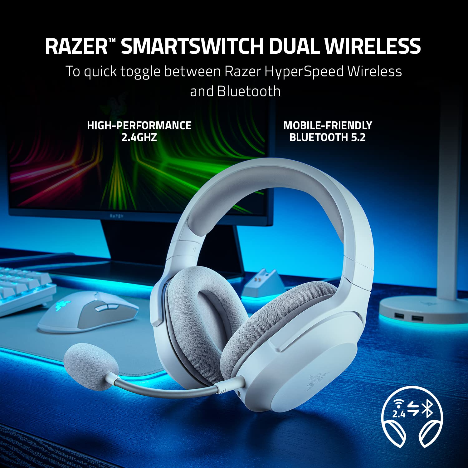 Razer Barracuda X Wireless Gaming Headset for PC, PS5, PS4, Nintendo Switch, Android & iOS - 2.4GHz Wireless & Bluetooth 5.2 - Lightweight Over-Ear Design with 40mm Drivers - Detachable Mic - 50-Hour Battery Life - Mercury White - Perfect for Gaming, Streaming & Mobile Use