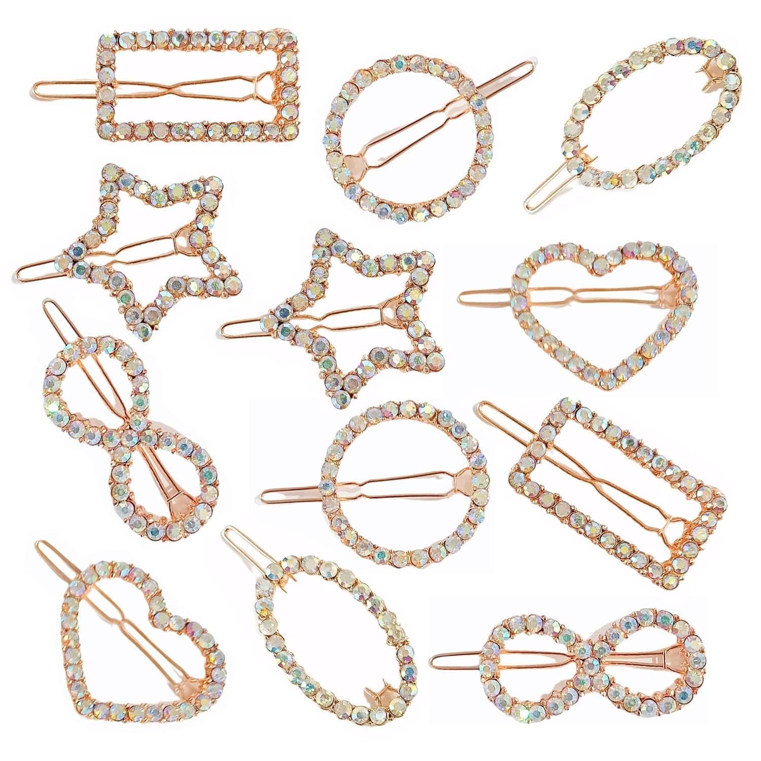2Pcs Elegant Golden Rhinestone Hair Clips for Women - Geometric Hollow Hairpins with Heart, Moon & Star Designs - Perfect for Weddings, Parties & Daily Styling Accessories