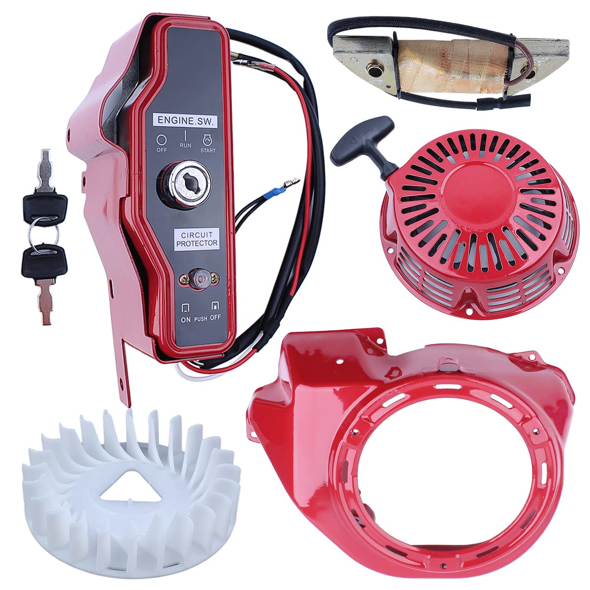 Honda GX340 GX390 11HP 13HP Engine Ignition Switch Recoil Starter Shroud Cooling Fan Cover with Flywheel Fan & Charg Coil (19610-ZE3-700ZB, 19511-ZE3-000) - Replacement Part for Small Engine Repair & Maintenance
