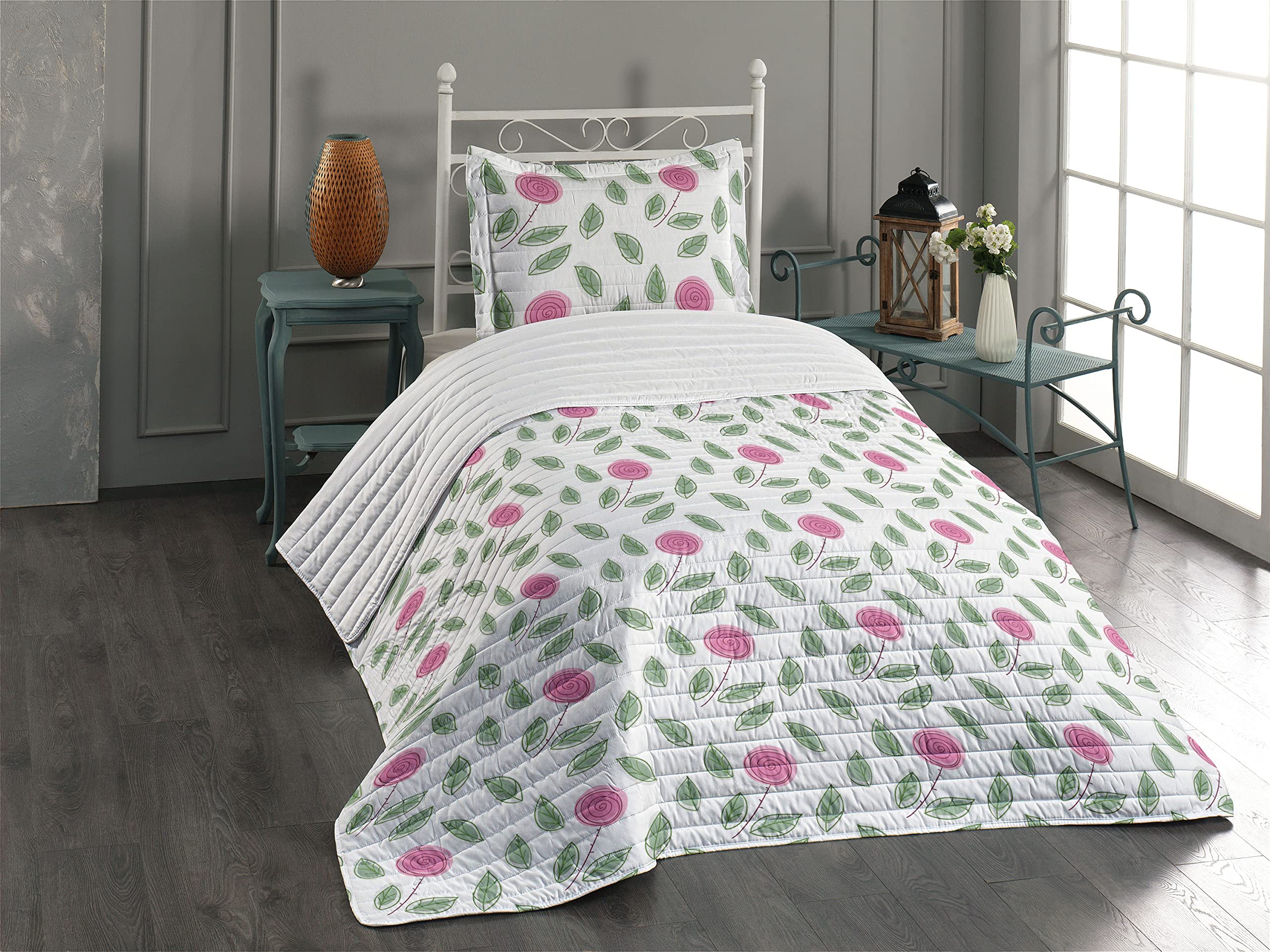 Ambesonne Rose Microfiber Bedspread Set - Modern Pink Rose Blossom with Spiral Design & Green Leaves - Soft Twin Size Bedding Set with Pillow Sham & Comforter in Pink, Reseda Green & White - Perfect for Bedroom Decor, Guest Room & Cozy Home Styling