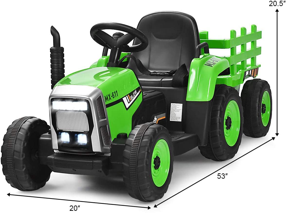 GLACER 12V Battery Powered Kids Ride on Tractor with Trailer - Remote Control Electric Toy Car for Toddlers, 3-Speed Gear Shift, LED Lights & Music - Green Ride-On Loader for Outdoor Play & Backyard Fun