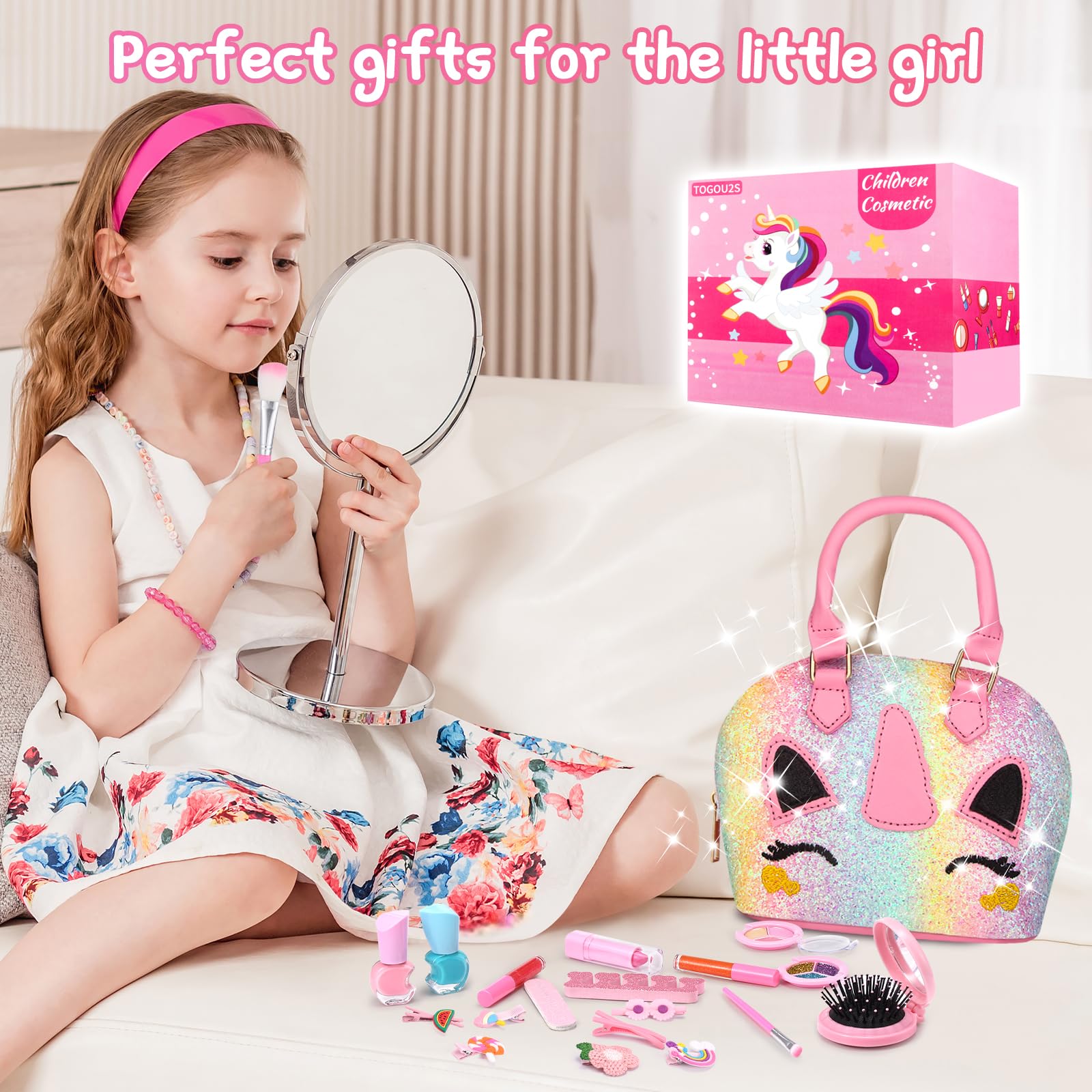 TOGOU2S Unicorn Makeup Set for Girls - Washable & Non-Toxic Kids Cosmetics Kit with Bag - Perfect Princess Gift for Ages 3-12 Birthday Party